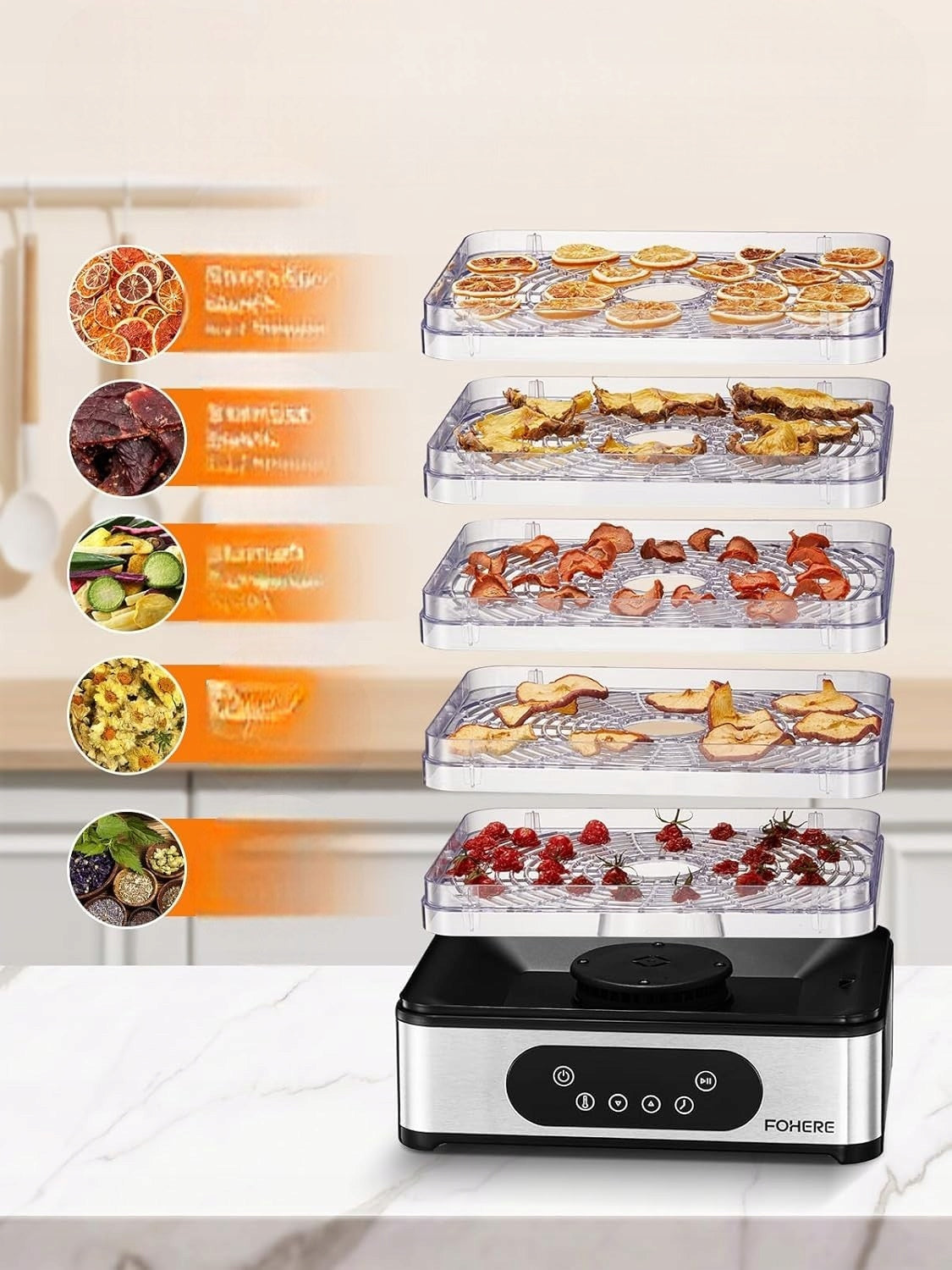 Meat Fruit Mushroom Dryer FOHERE LCD 5 Sit Timer BPA-Free Manufacturer code Suszarka do grzybów