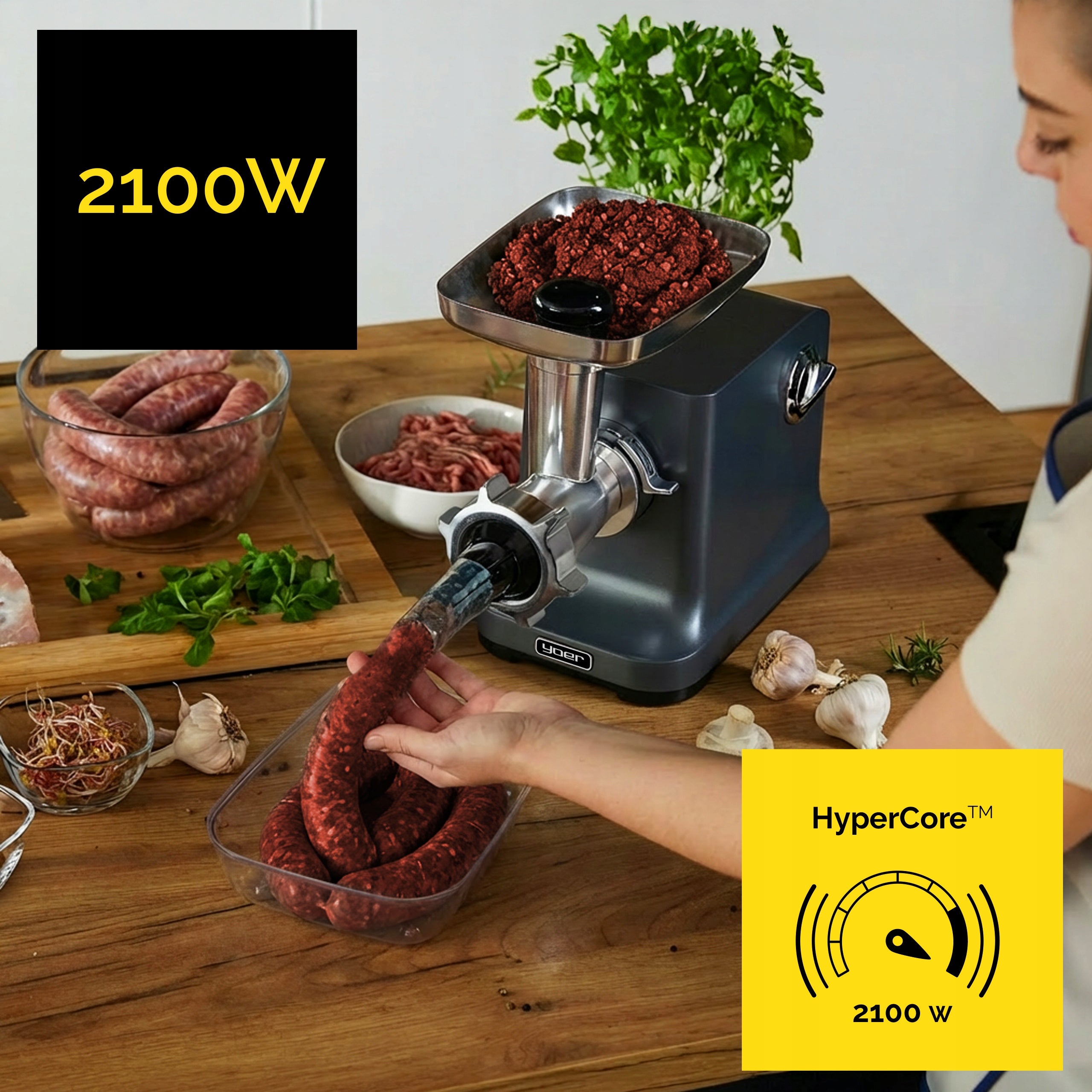 Meat grinder 6in1 Metal Yoer 2100W 3,5kg +Slicer +27 ELEMENTS Dominant color silver/gray