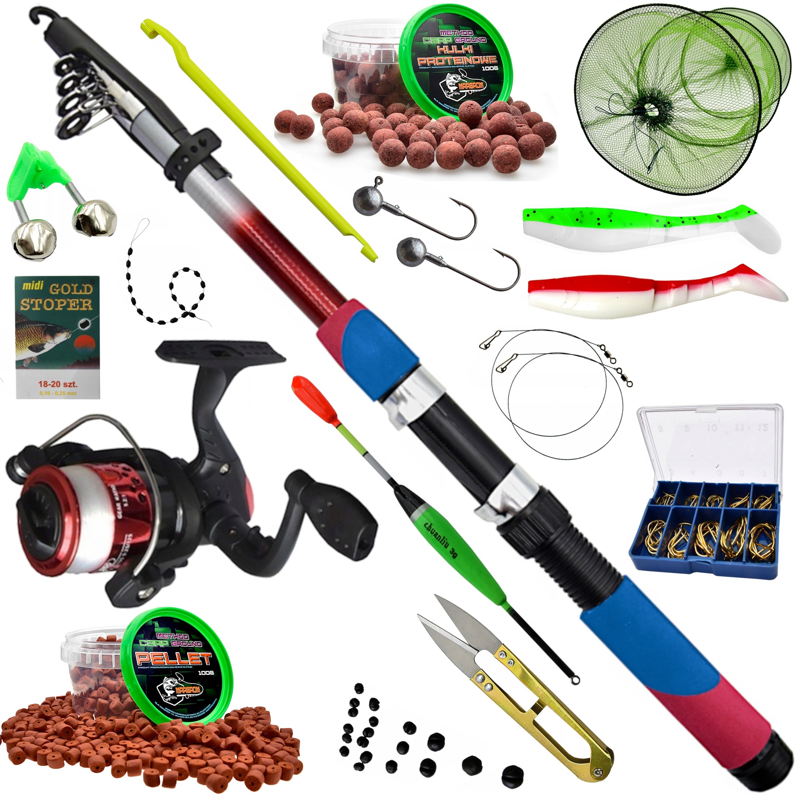 Mega Fishing Kit Fishing Rod Reel Protein Balls Pellet and Accessories