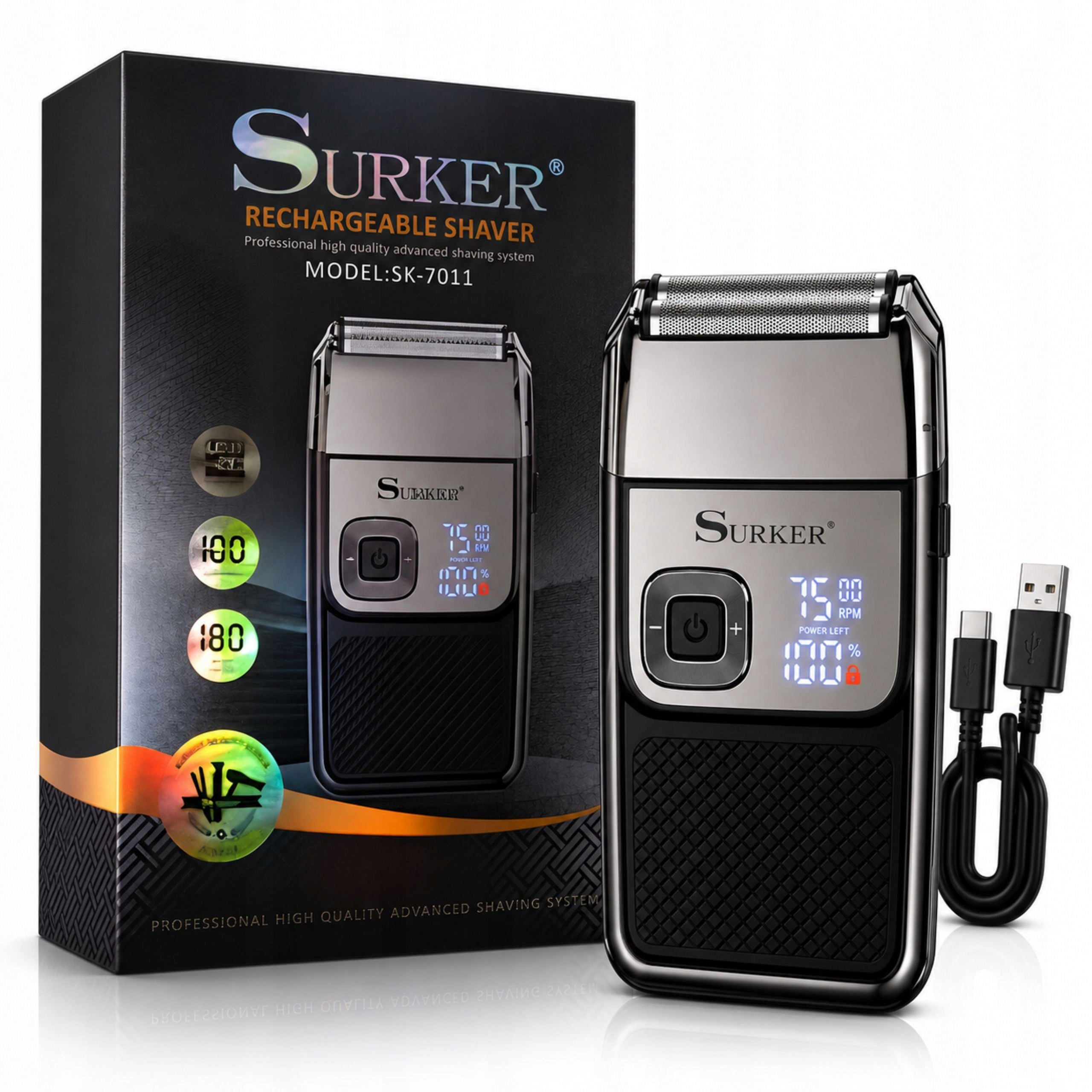 Men's Shaver SURKER Foil 180min USB LED Beard Head Trimmer