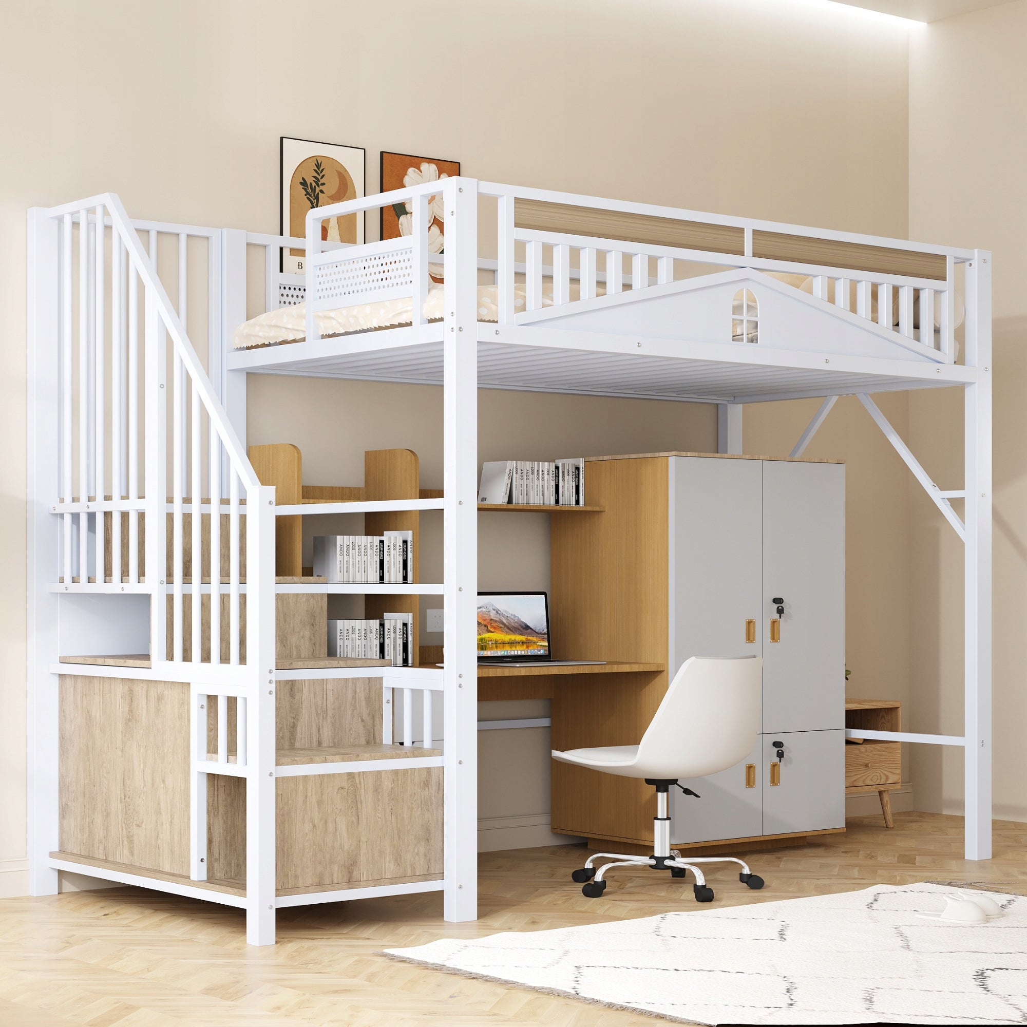 Metal Loft Bed 90x200 cm with Secure Enclosure and Safety Ladder