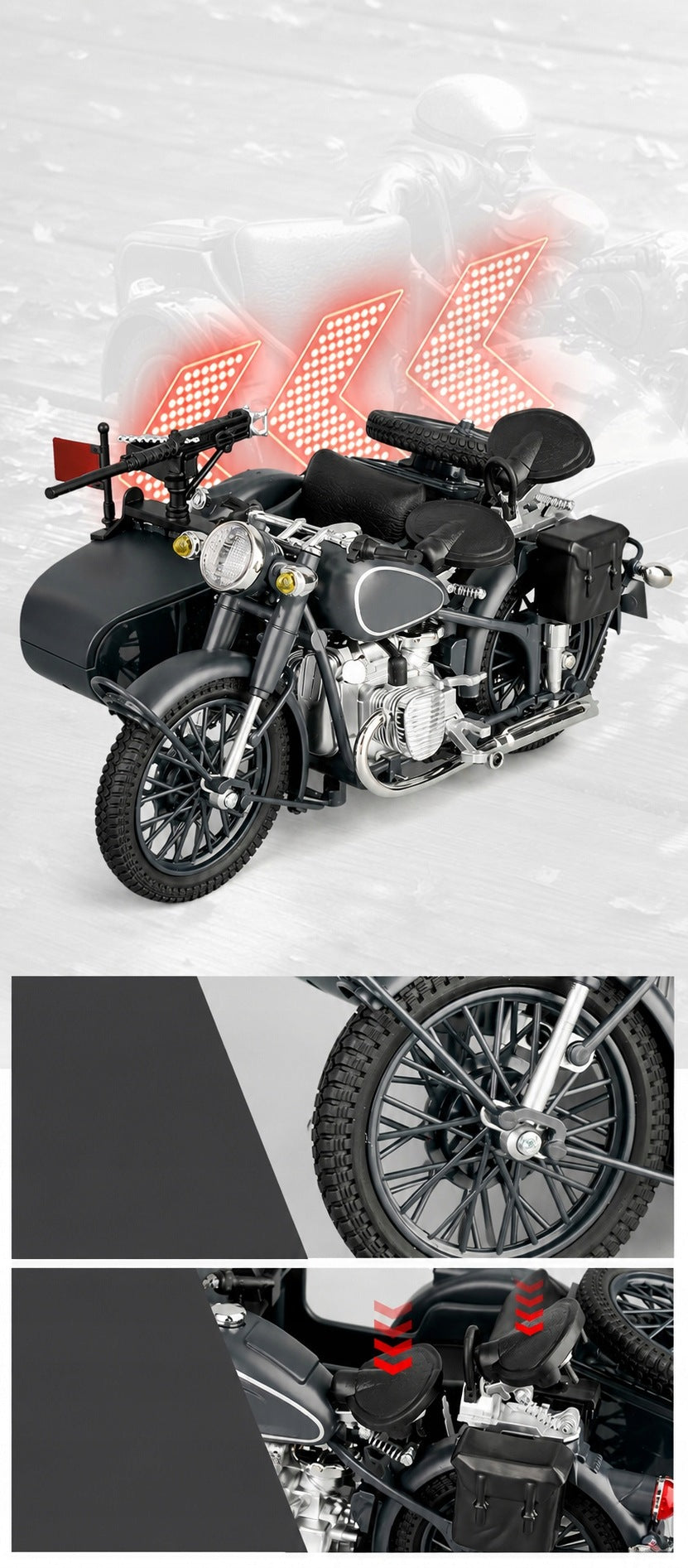 Metal Motorcycle URAL M72 SOVIET Sidecar 1:10 Lights, Sounds Manufacturer code MB825
