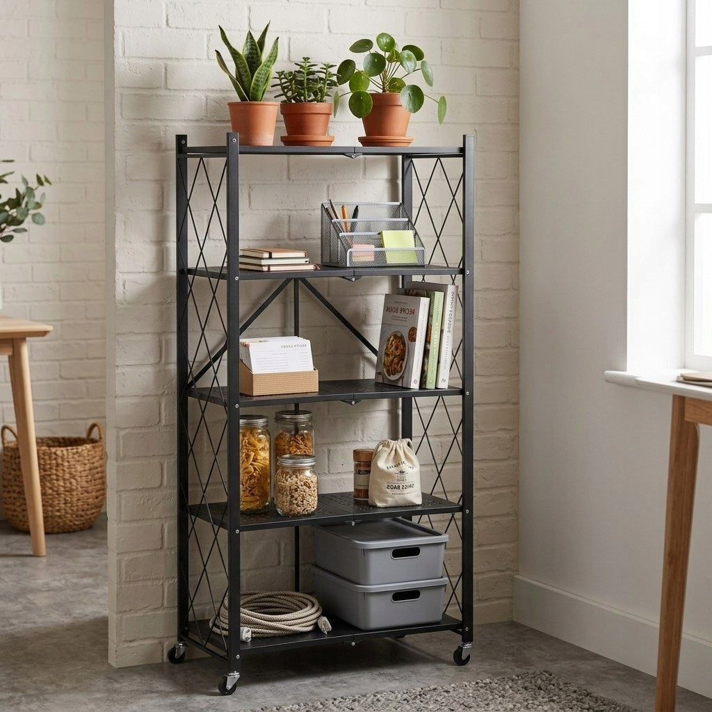 Metal Storage Rack Folding On Wheels Black 5 Shelves Mobile Loft Packaging status original