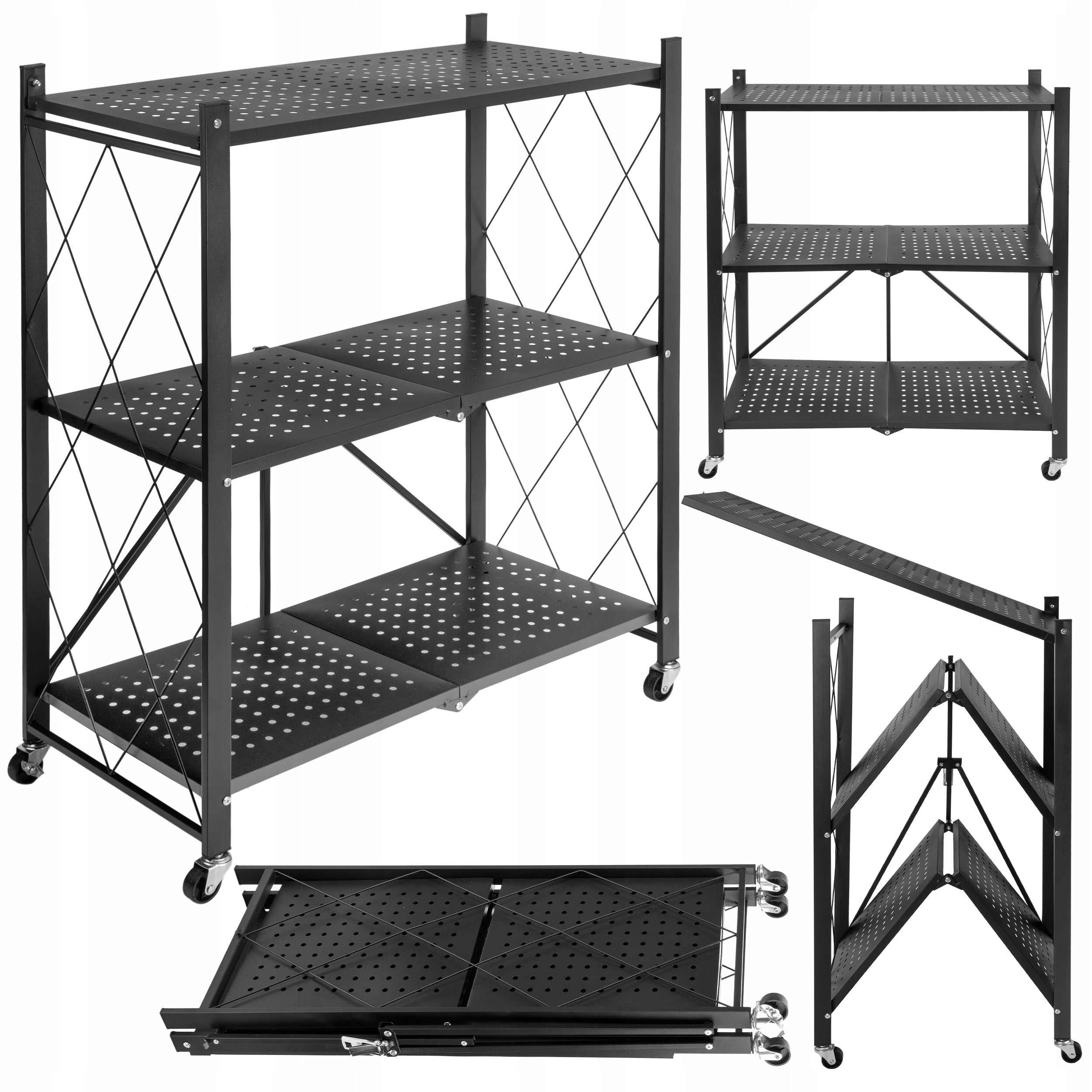 Metal Storage Rack Folding On Wheels Black Mobile Loft Shelves