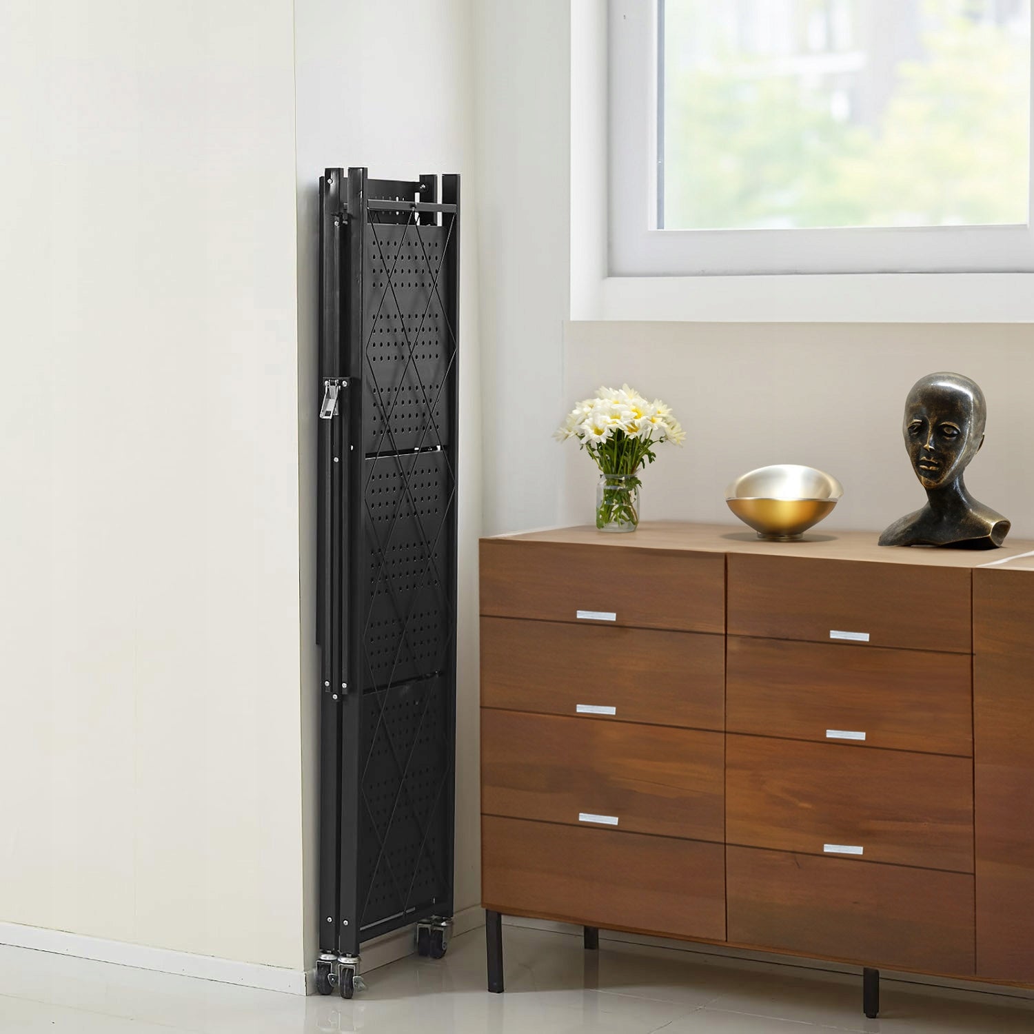 Metal Storage Rack On Wheels Folding Black 4 Shelves Mobile Loft Packaging status original