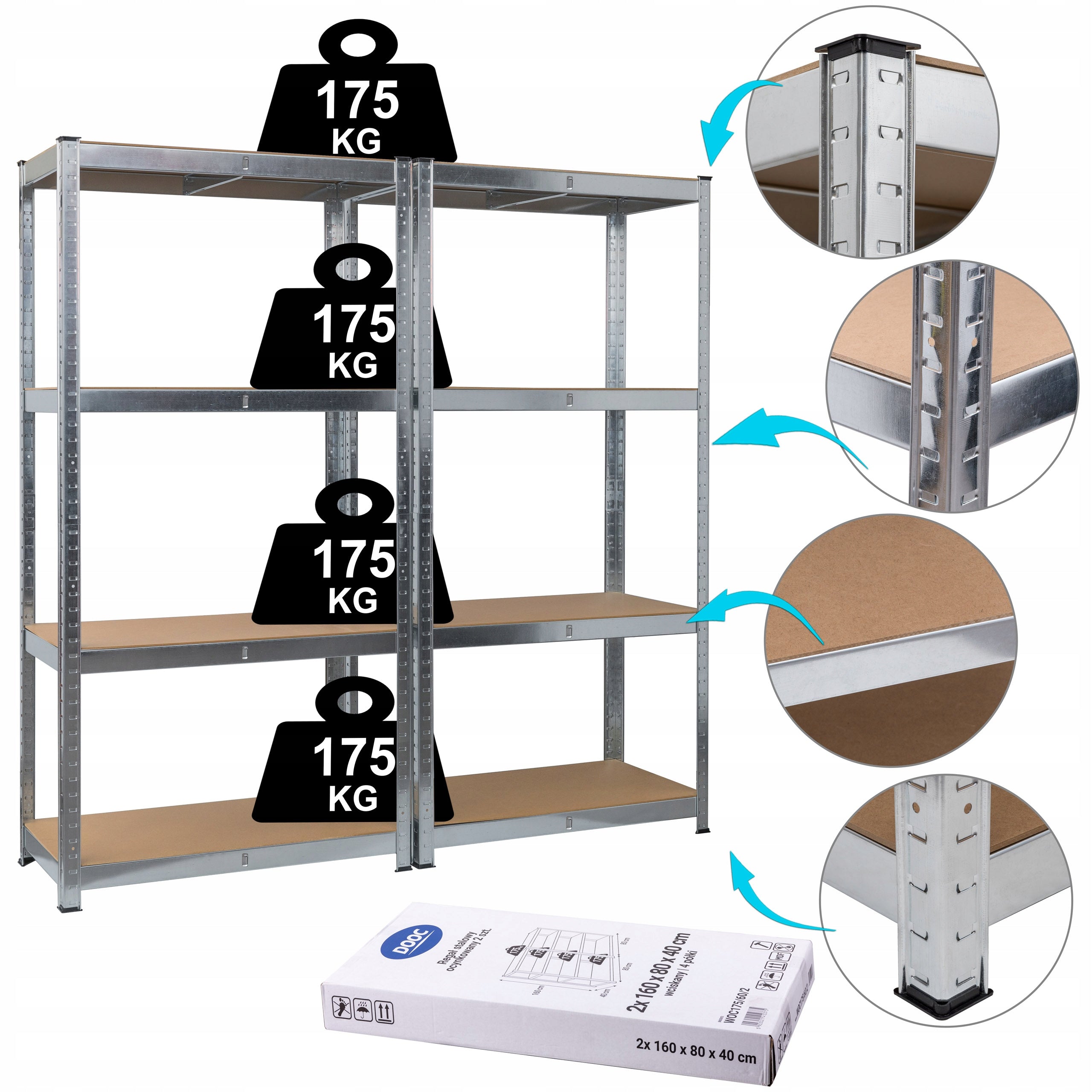 Metal storage rack 2 PCS 160x80x40 cm 175 kg/shelf DOOC Manufacturer Dooc