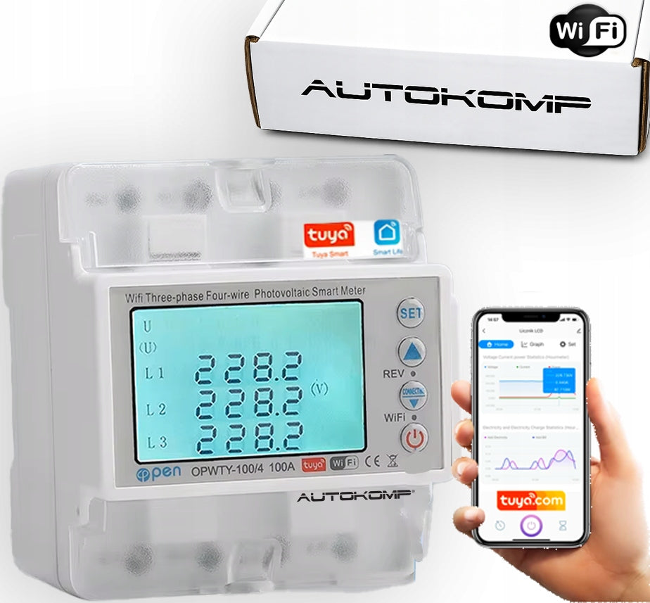Meter Current Energy Meter 3 Phases 100A 400V TUYA WiFi DIN 2-Direction PV