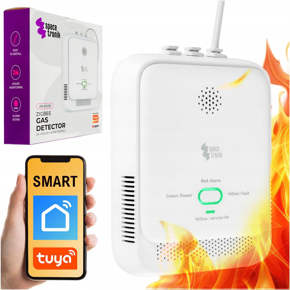 Methane Gas Sensor Detector 85dB LPG Tuya WiFi ZigBee Spacetronik cable