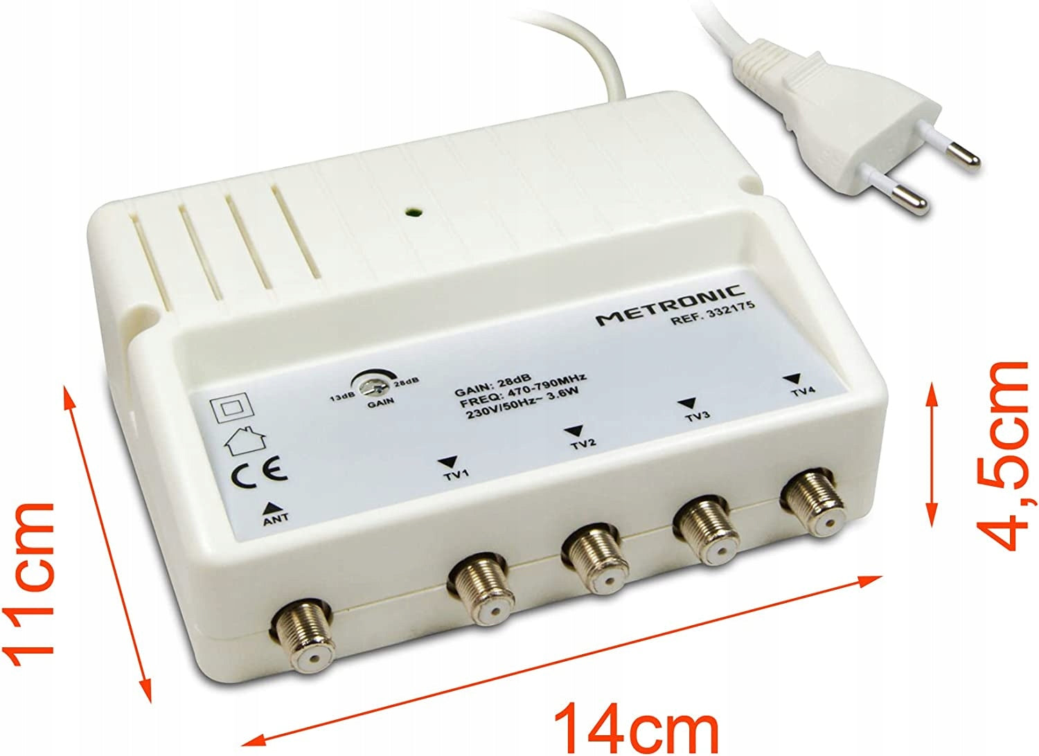 Metronic 332175 Internal amplifier UHF FILTER 4G LTE 790 28dB 4 outputs Manufacturer code 332175
