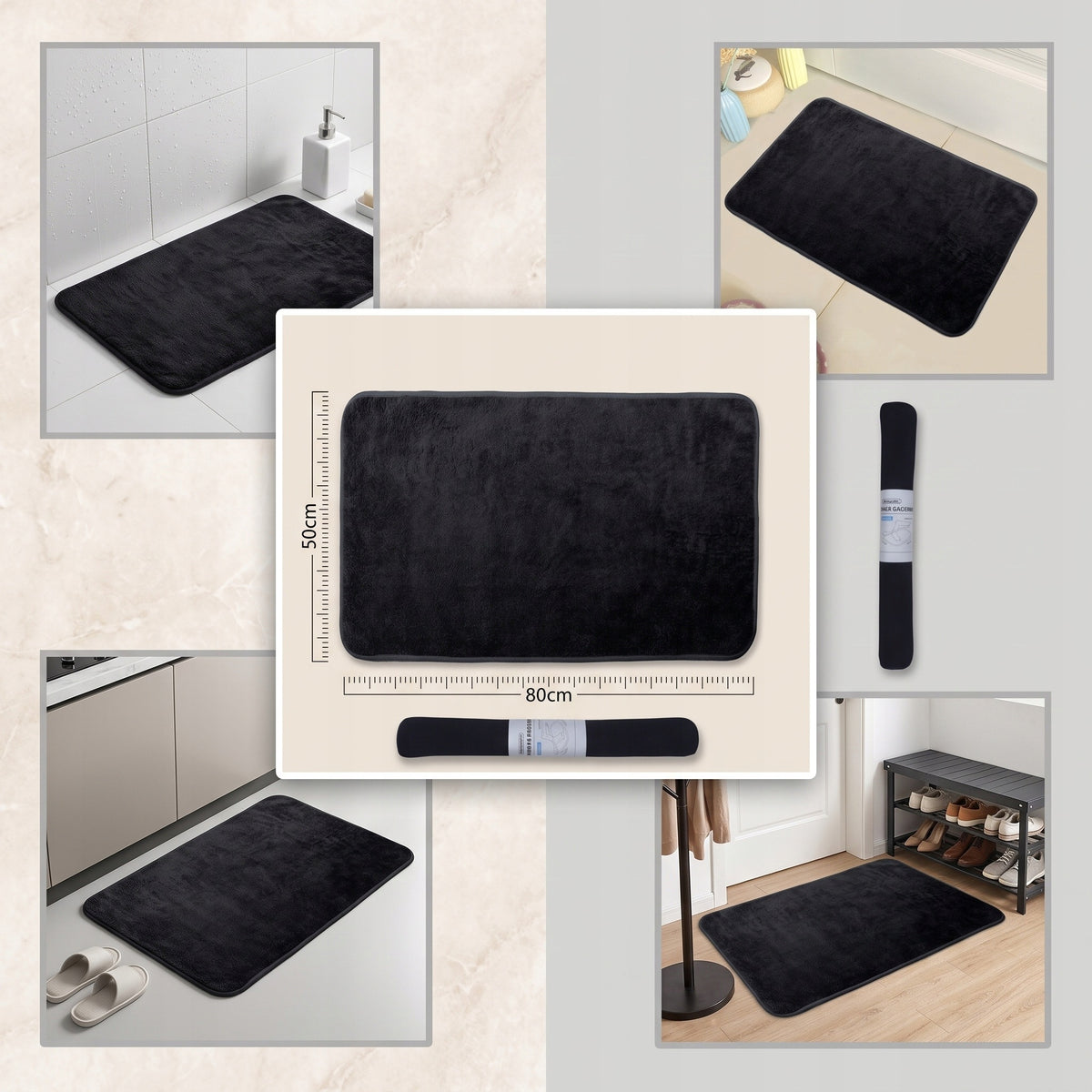 Microfiber Bathroom Mat 50x80 cm, Black Non-Slip, Water Absorbent Packaging status original