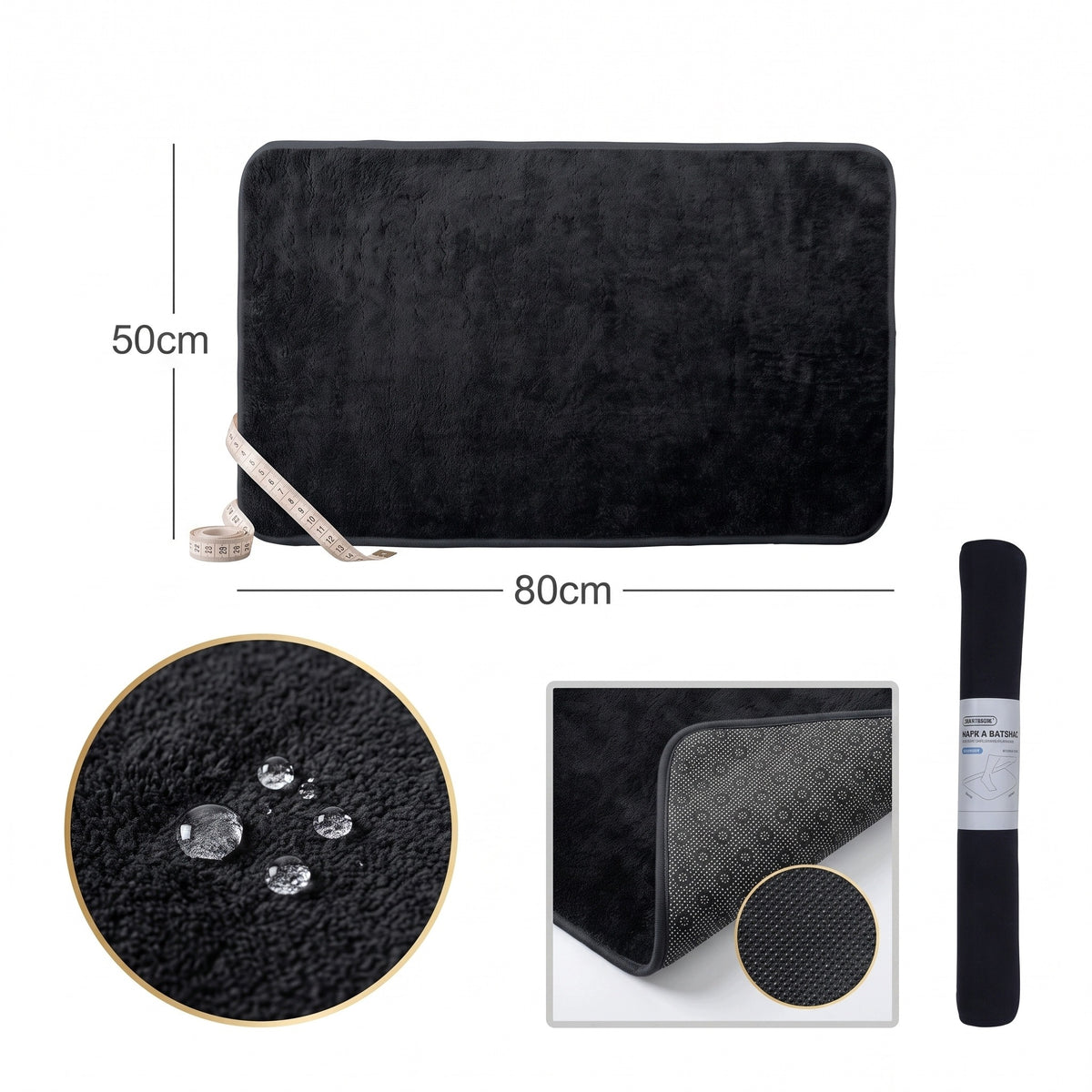 Microfiber Bathroom Mat 50x80 cm, Black Non-Slip, Water Absorbent