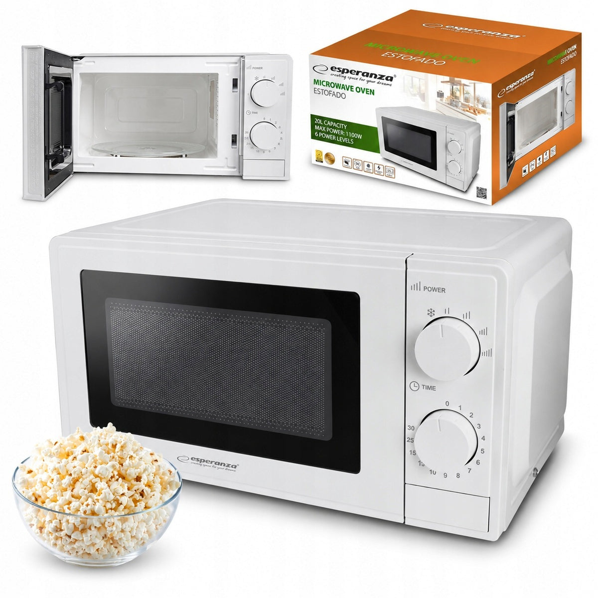 Microwave Oven White 20L 1100W Defrost Timer 30 Min