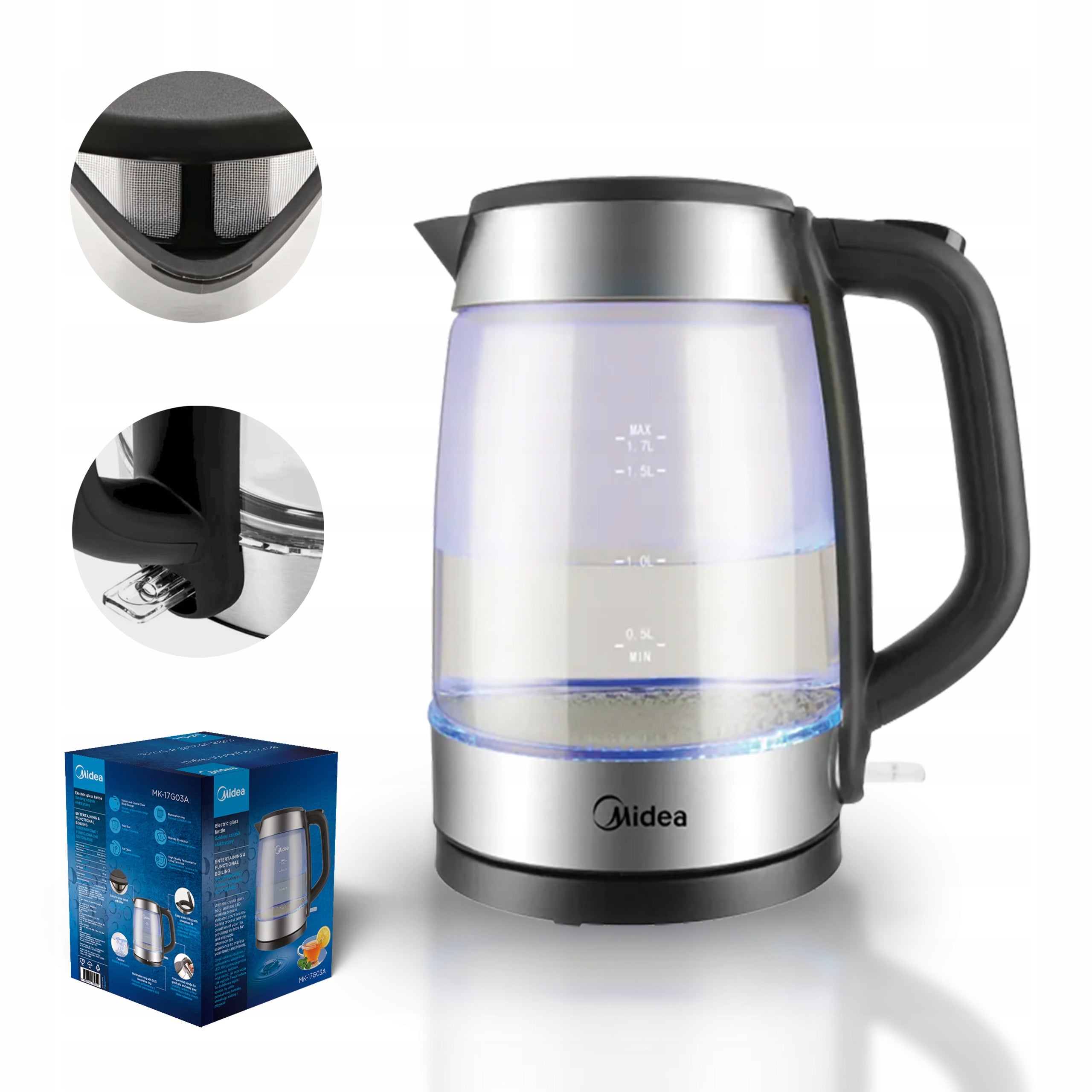 Midea Electric kettle 1,7L 2200W glass, filter, fast cooking, LED