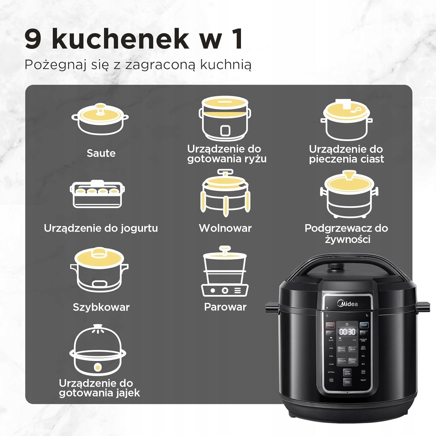 Midea Electric pressure cooker 9in1 8L 1500W Touch Inox 12 settings Manufacturer code MY-CS8037WP