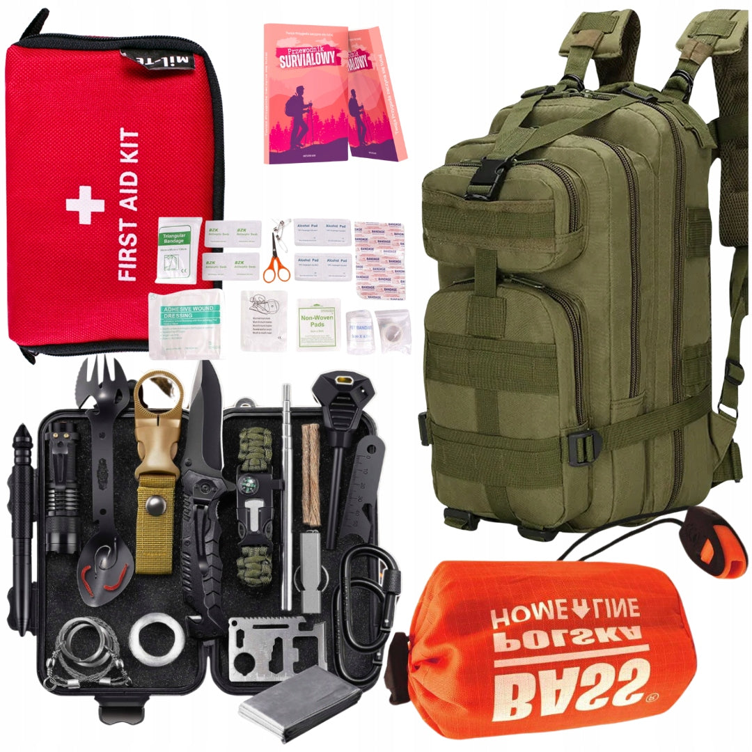 Military Backpack + Survival Set + Sleeping Bag + Red First Aid Kit 21 pcs