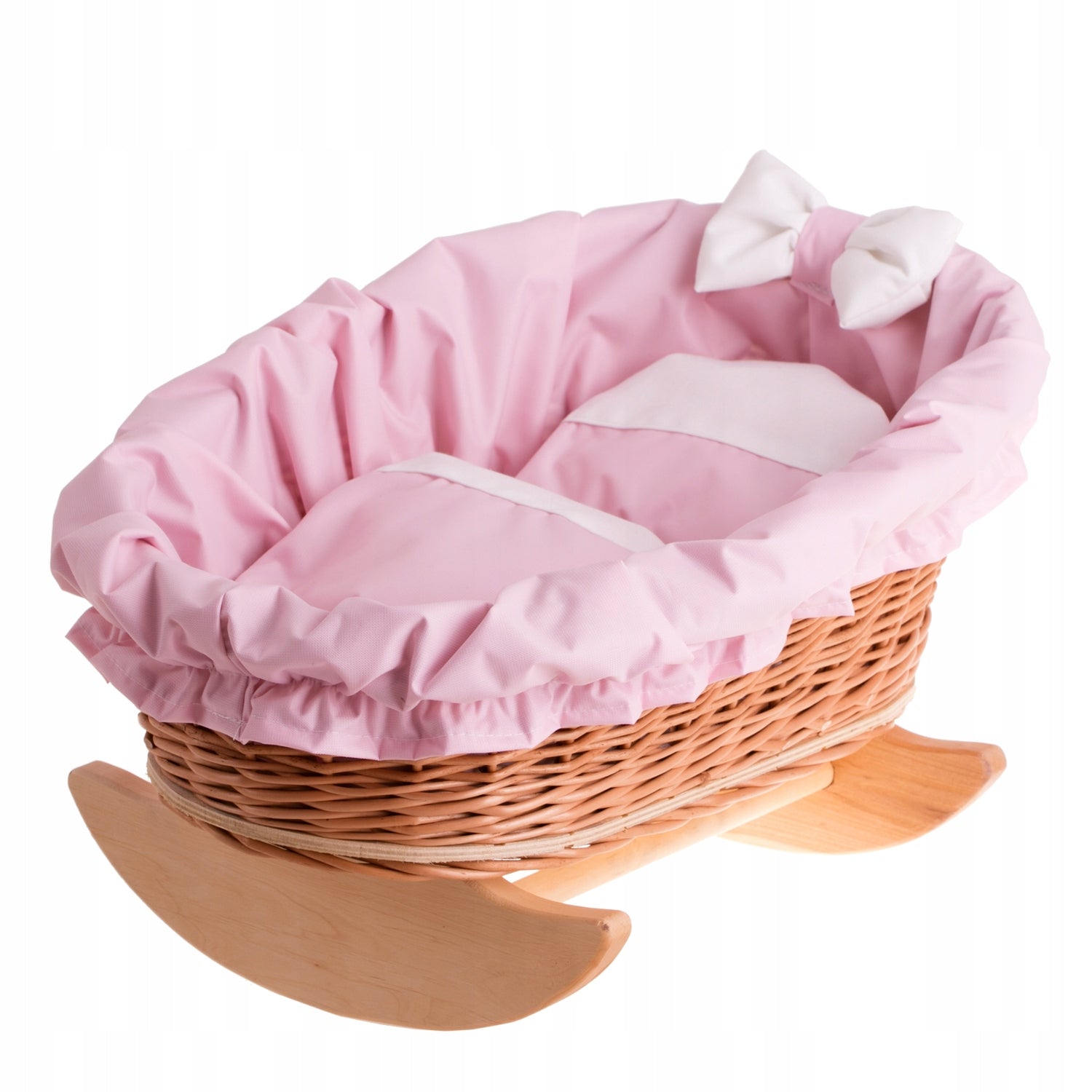 Mimi wicker doll cradle with pink hem 46x30 H:20/26cm