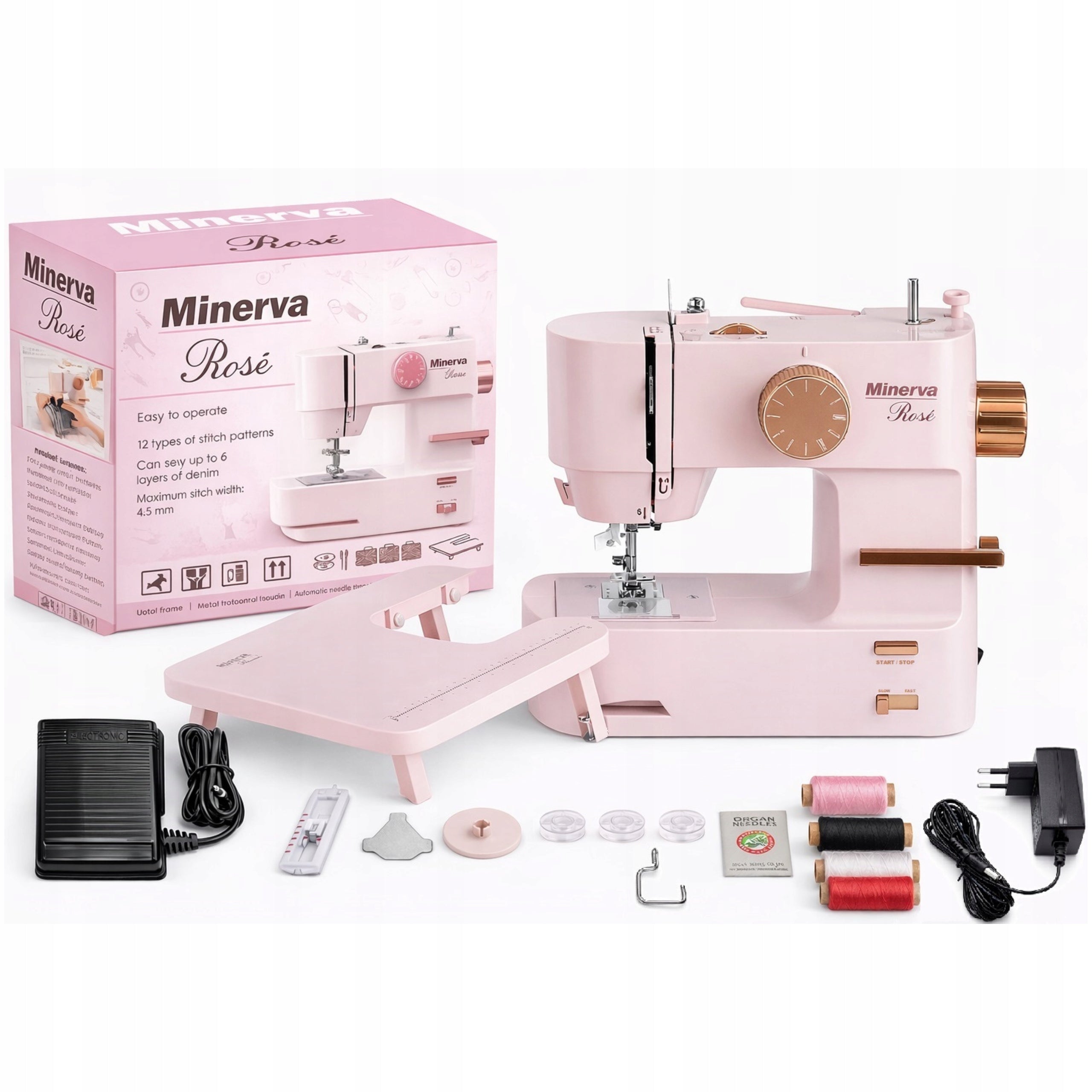 Minerva Rose sewing machine small strong + finger guard and accessories