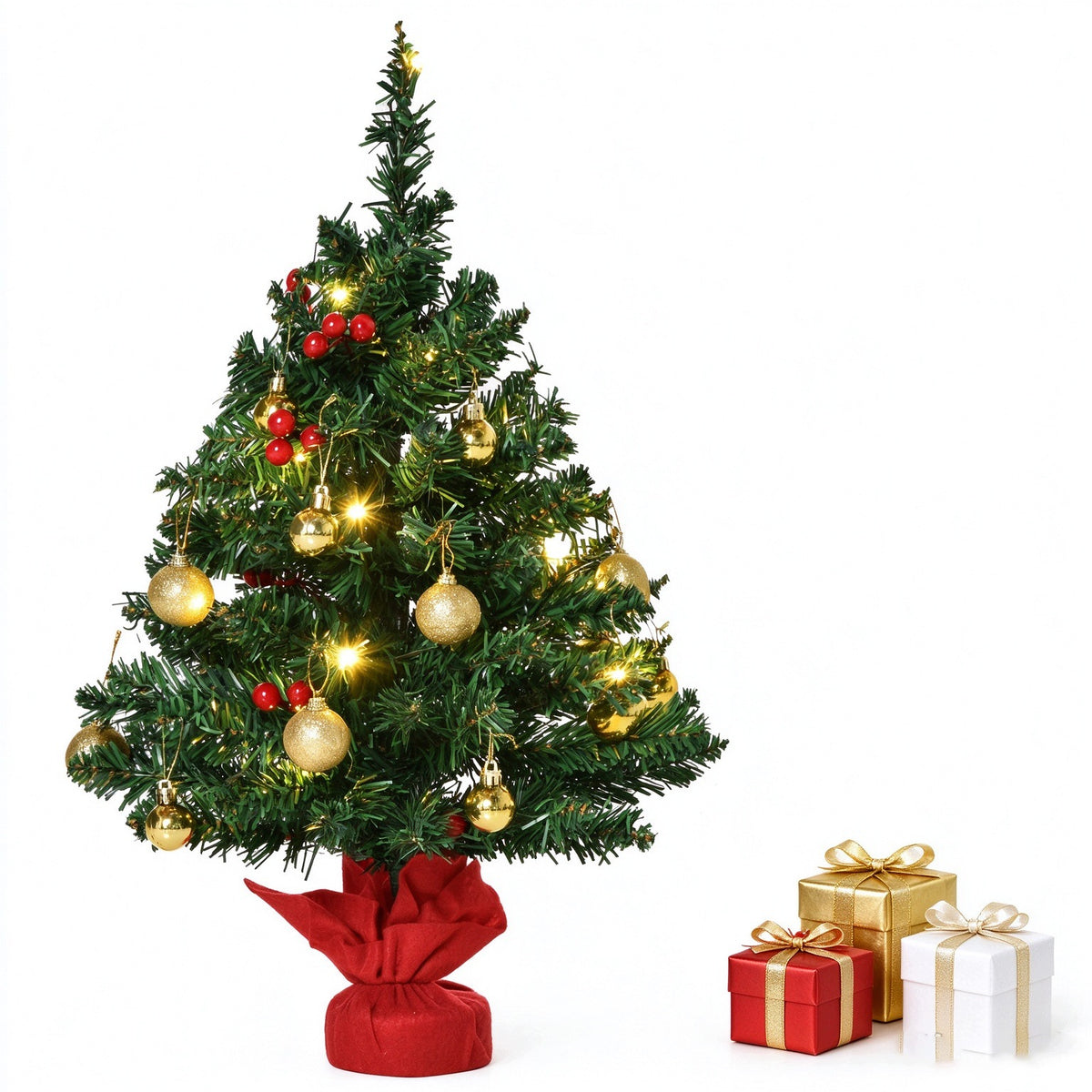 Mini Christmas Tree With LEDs 60cm Golden Baubles & Holly Berries