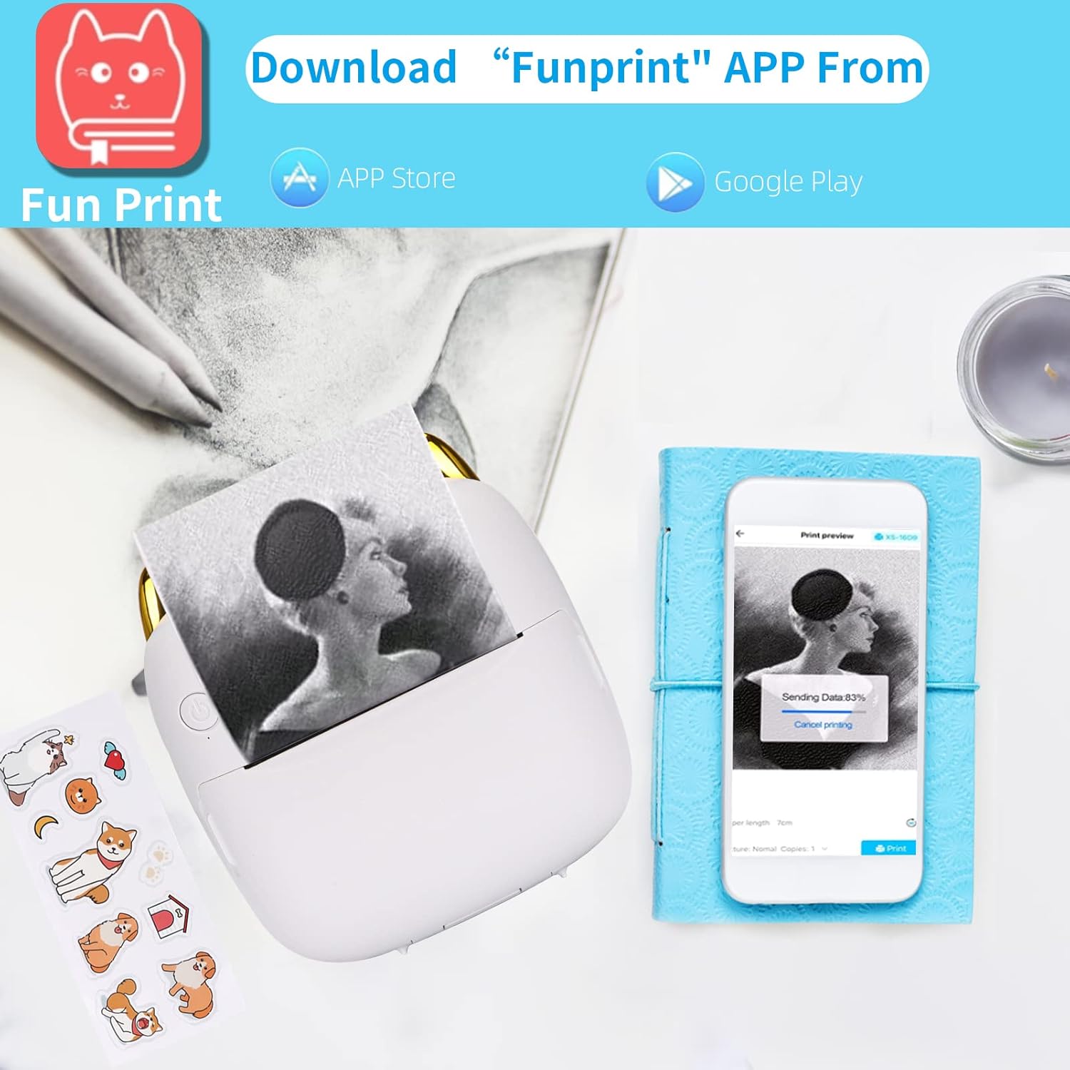 Mini Thermal Printer White Bluetooth- for label photo stickers+10 rolls Manufacturer no brand
