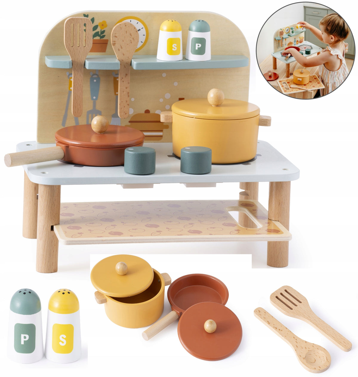 Mini WOODEN KITCHEN for Kids EDUCATIONAL PAN POT WITH ACCESSORIES
