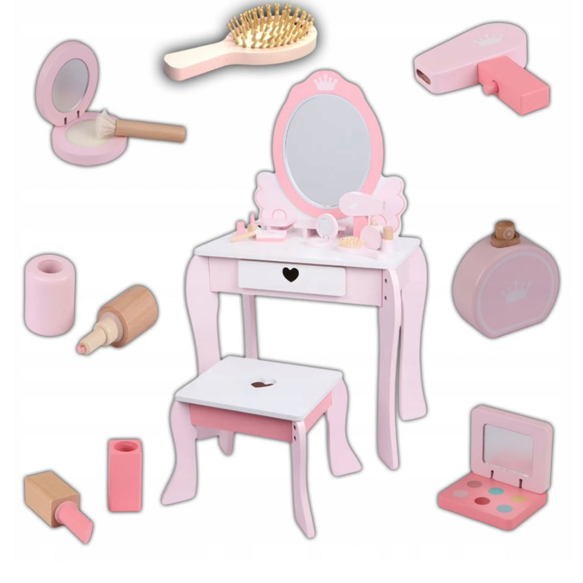 Mini Wooden Dressing Table with Mirror Led Lighting For Girl +Stool