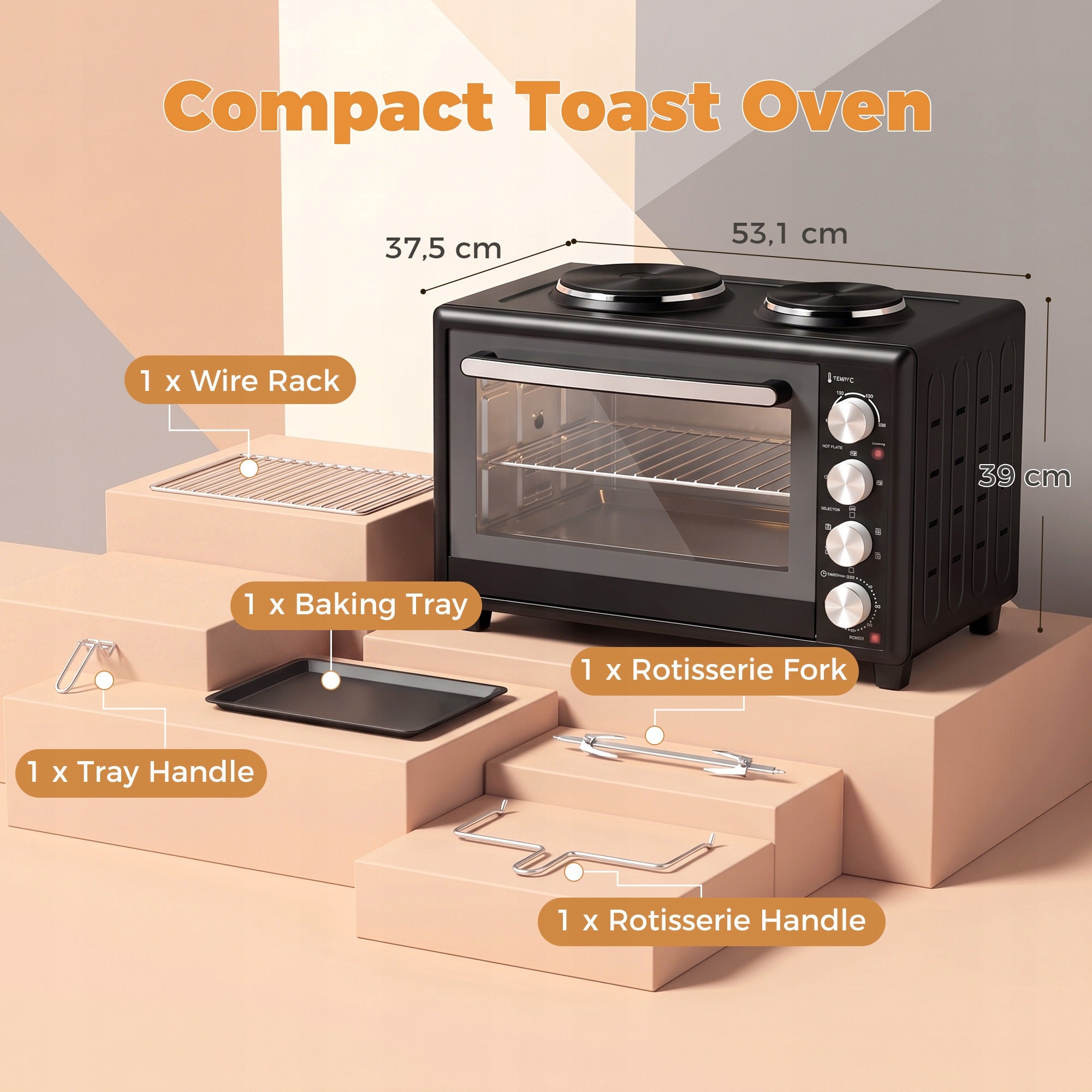Mini oven 36 l HOMCOM with 2 cooking rings, electric, 90 – 230°C Model 800-353V90BK