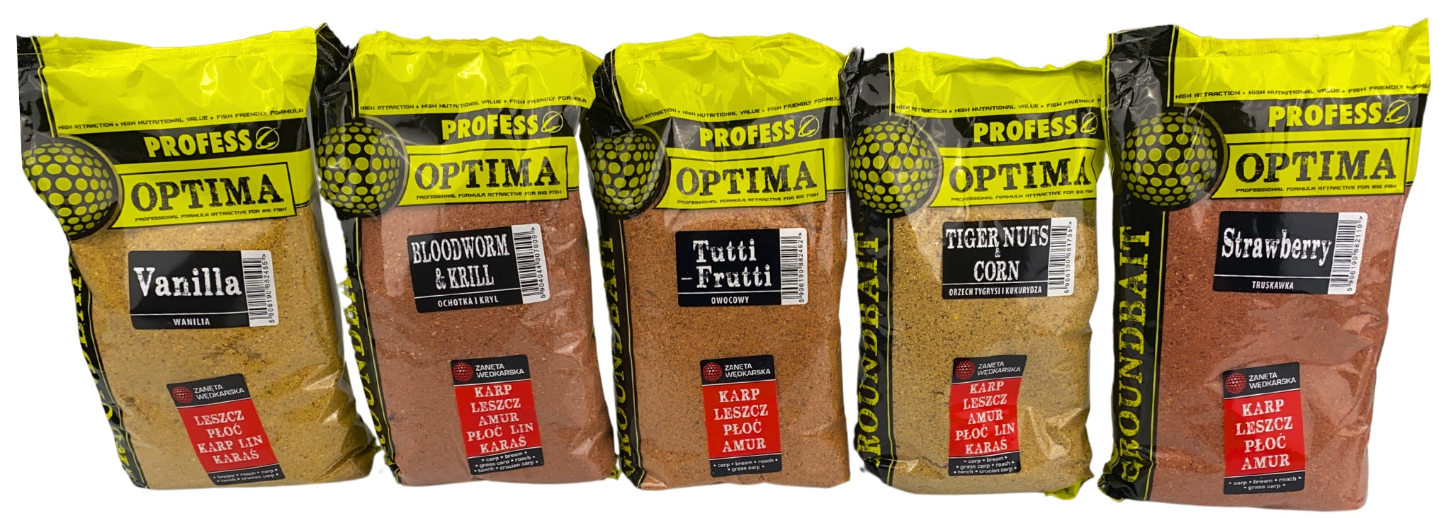 Mix of flavors 5x Fishing BAIT PROFESS OPTIMA 5kg + BUCKET Manufacturer code Zestaw Optima 5kg + Wiaderko
