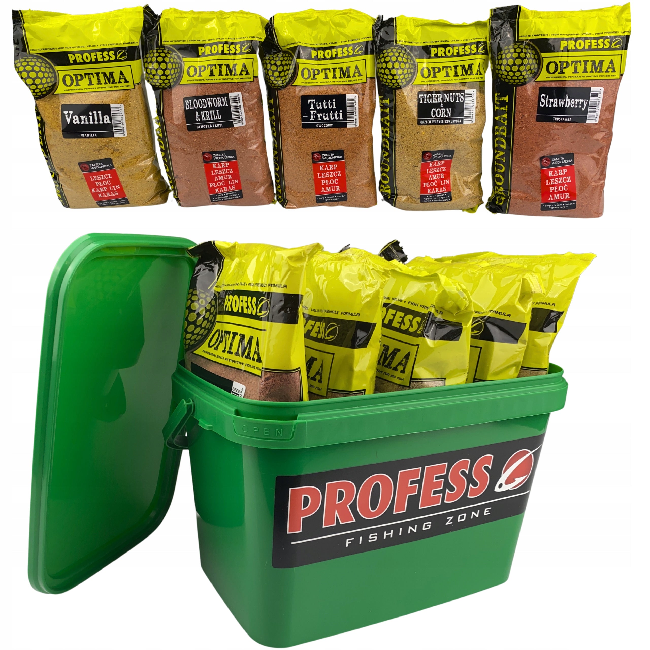Mix of flavors 5x Fishing BAIT PROFESS OPTIMA 5kg + BUCKET