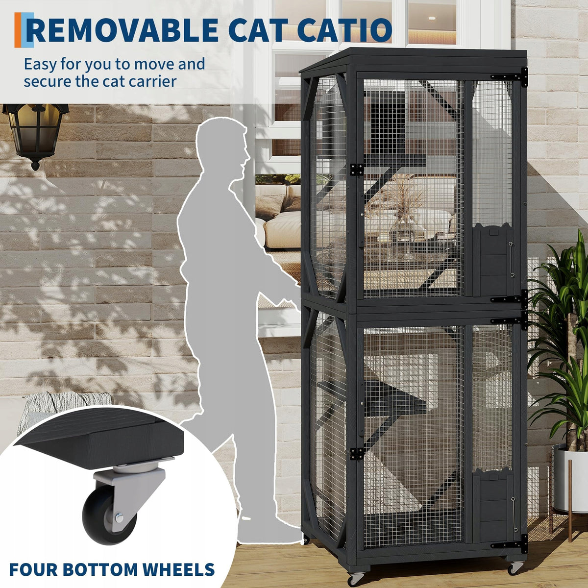 Mobile Catio on Wheels 2-Story Wooden Cat Enclosure 190 x 82 x 81 cm Black Packaging status original