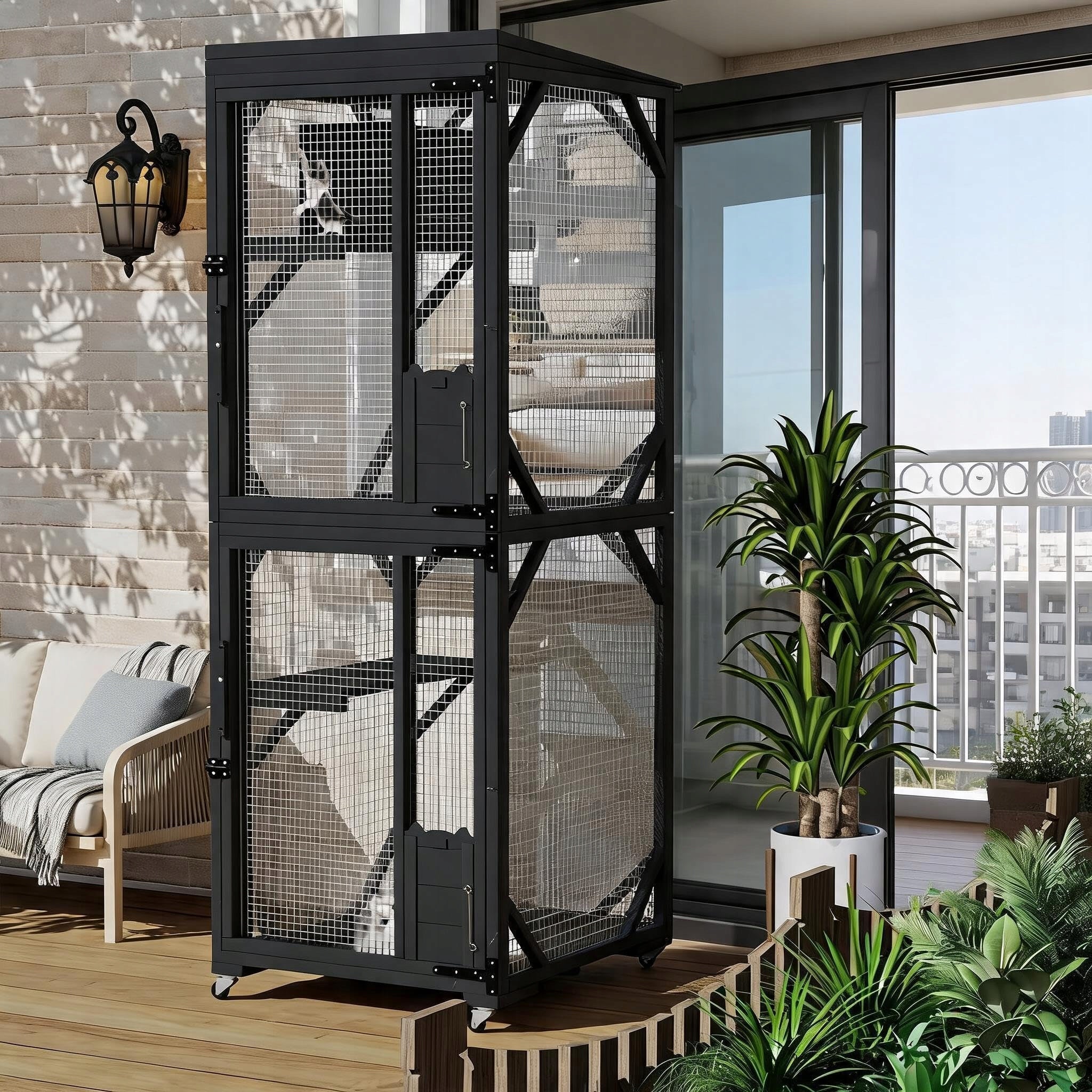 Mobile Catio on Wheels 2-Story Wooden Cat Enclosure 190 x 82 x 81 cm Black