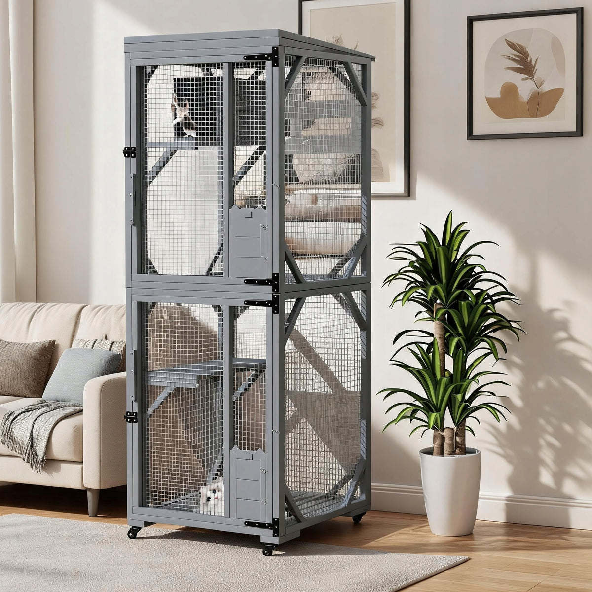 Mobile Catio on Wheels 2-Story Wooden Cat Enclosure 190 x 82 x 81 cm