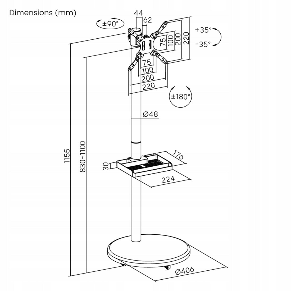 Mobile TV monitor stand 17-43" floor 15kg +SHELF Spacetronik white Manufacturer code SPET06W