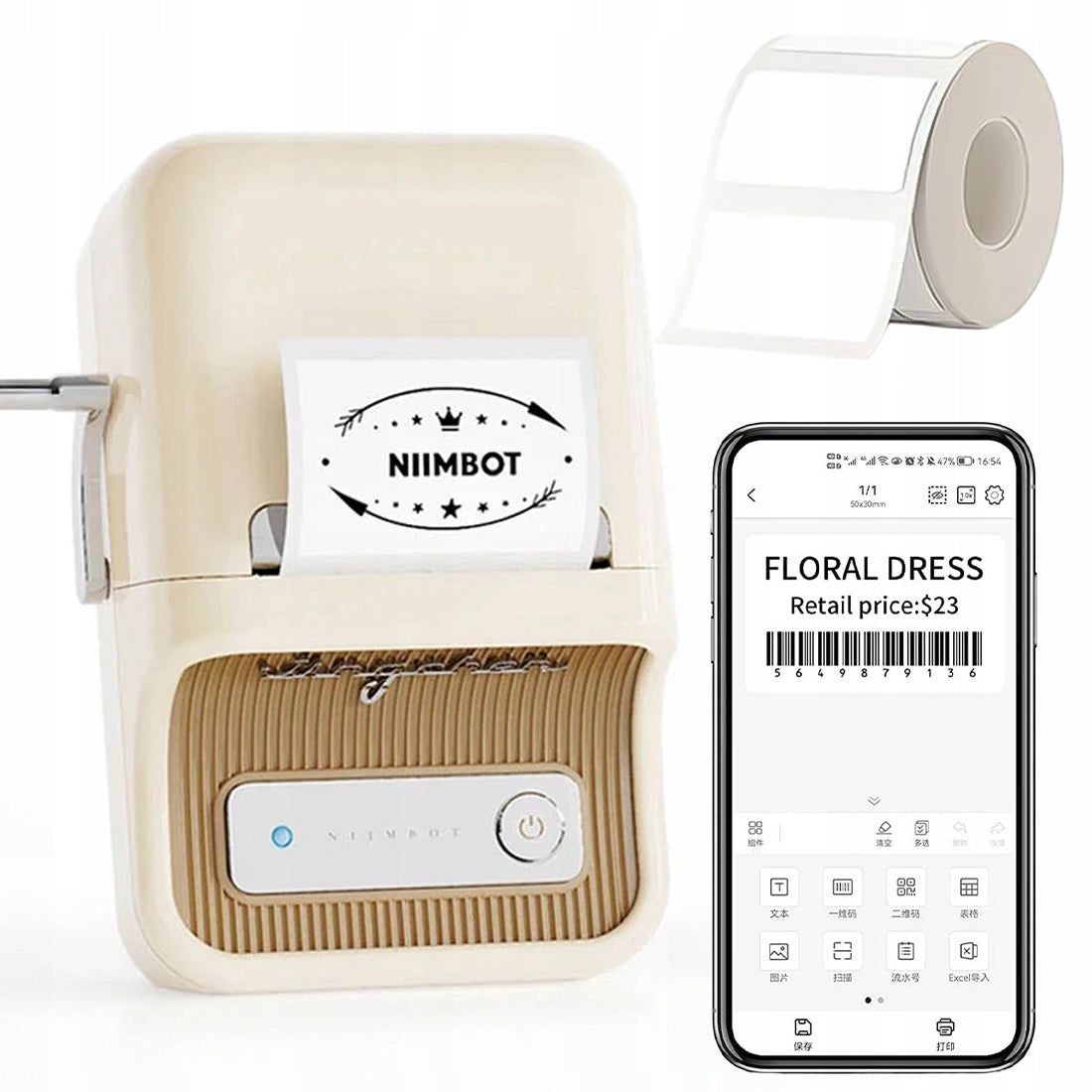 Mobile Wireless Printer for Label Stickers Niimbot B21 White +Roll