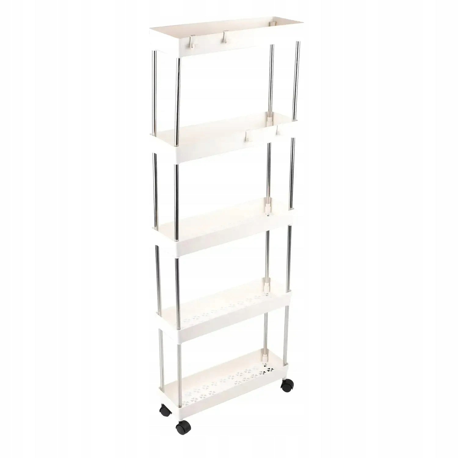 Mobile bathroom cabinet 5 shelves – narrow bookcase on wheels white Packaging status original
