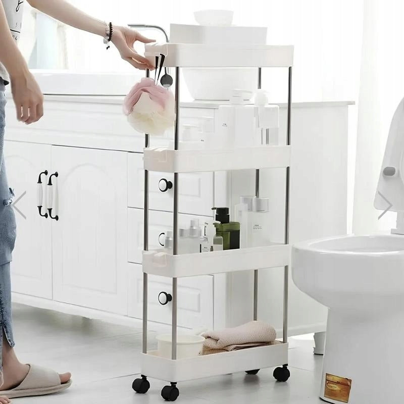 Mobile bathroom cabinet 5 shelves – narrow bookcase on wheels white