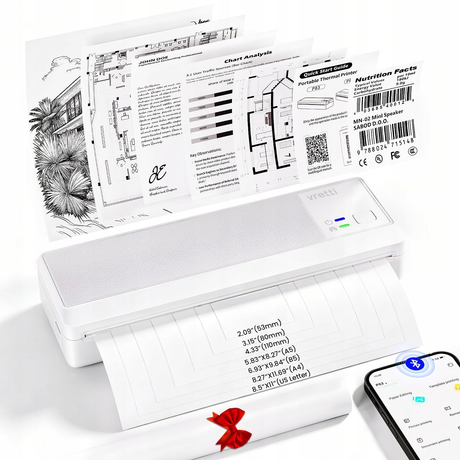 Mobile printer vretti P83 A4, 2600mAh, Bluetooth, USB