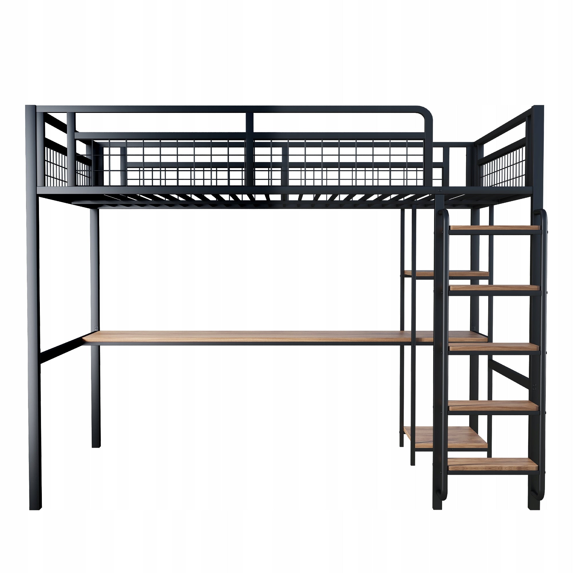 Modern Metal Loft Bed with Guard Rail and Storage, 140x200 cm Brand no brand