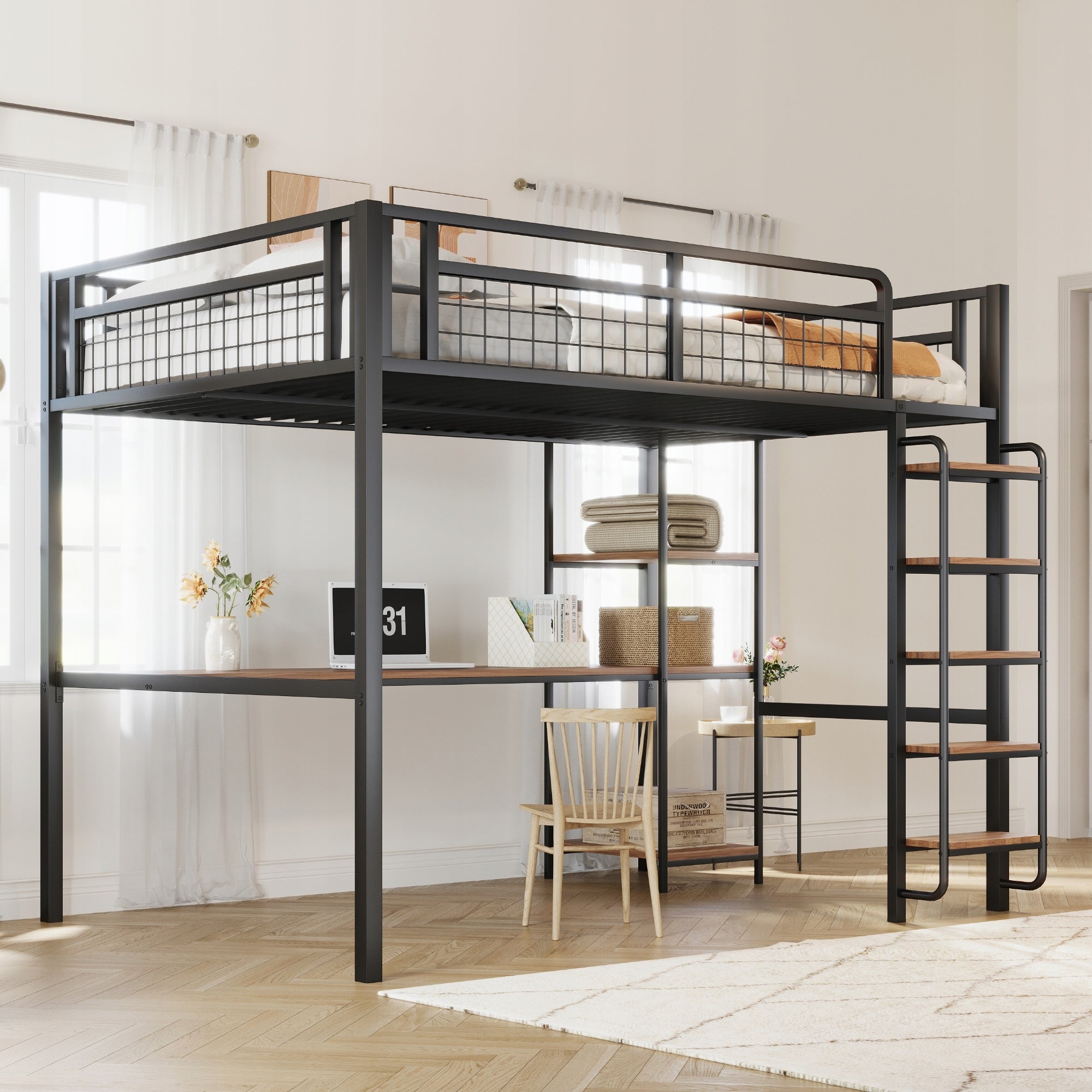 Modern Metal Loft Bed with Guard Rail and Storage, 140x200 cm