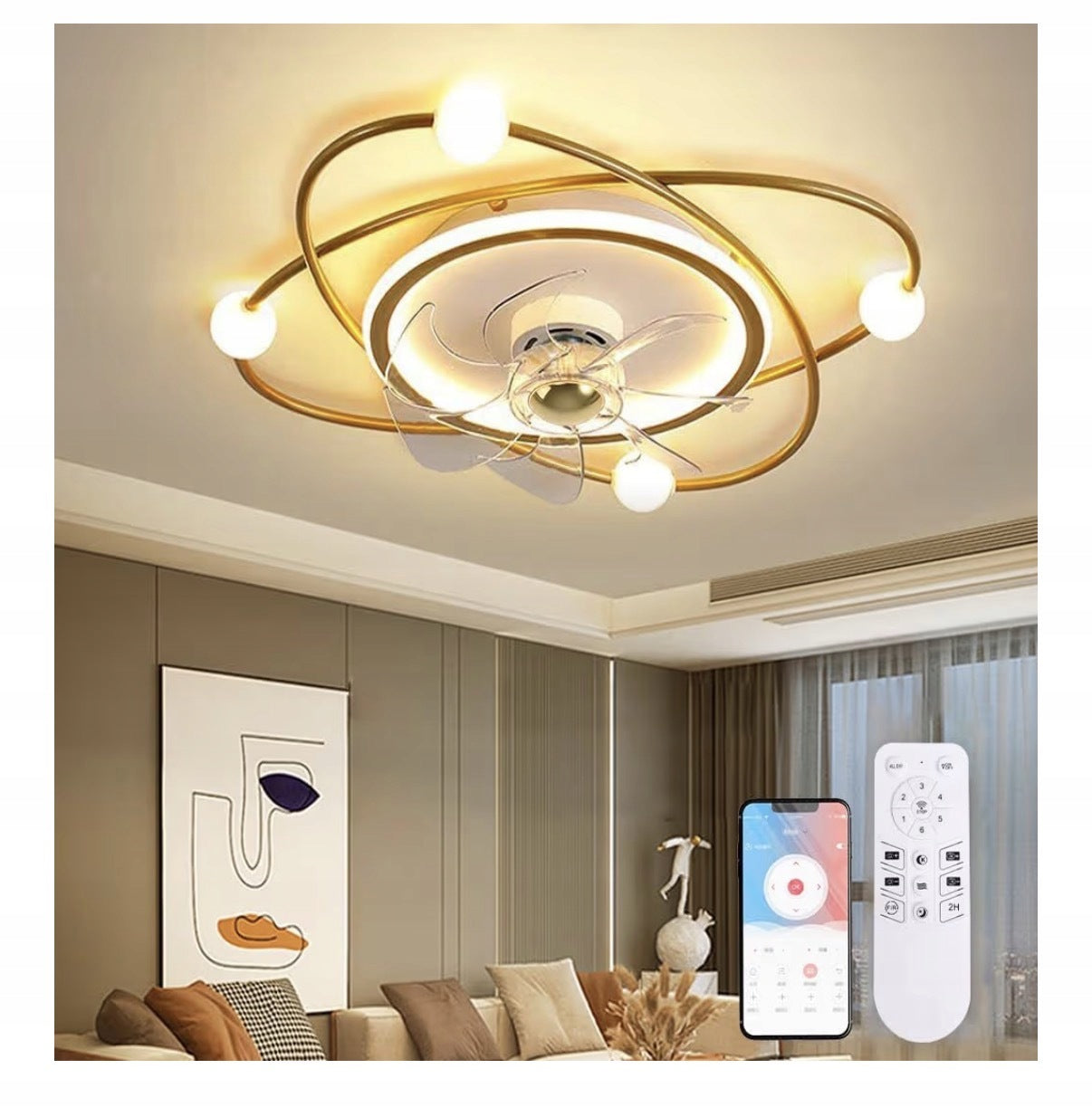 Modern ceiling fan with lighting, 58 cm, remote control, application