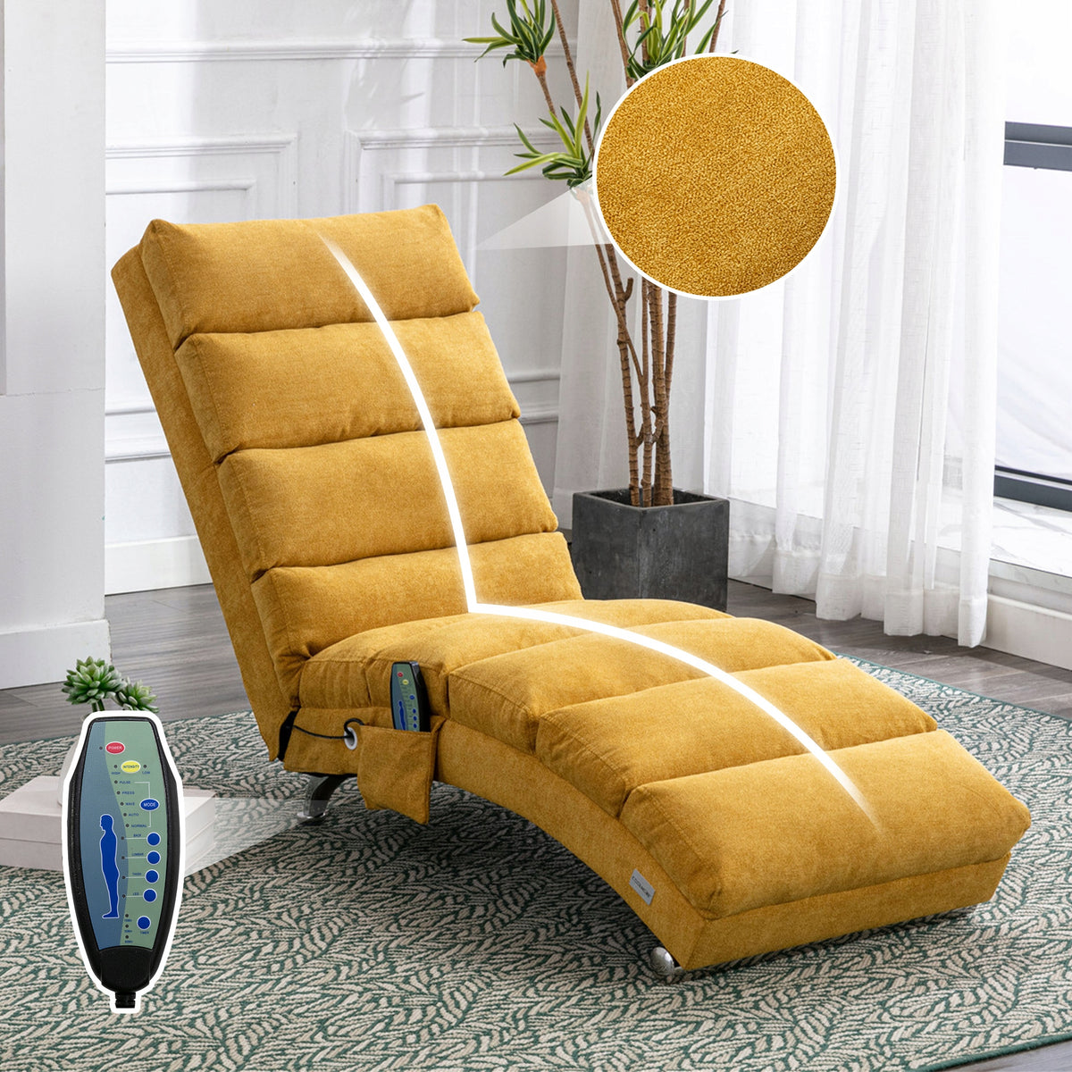 Modern reclining chair with gentle vibrations (mango-colored linen).