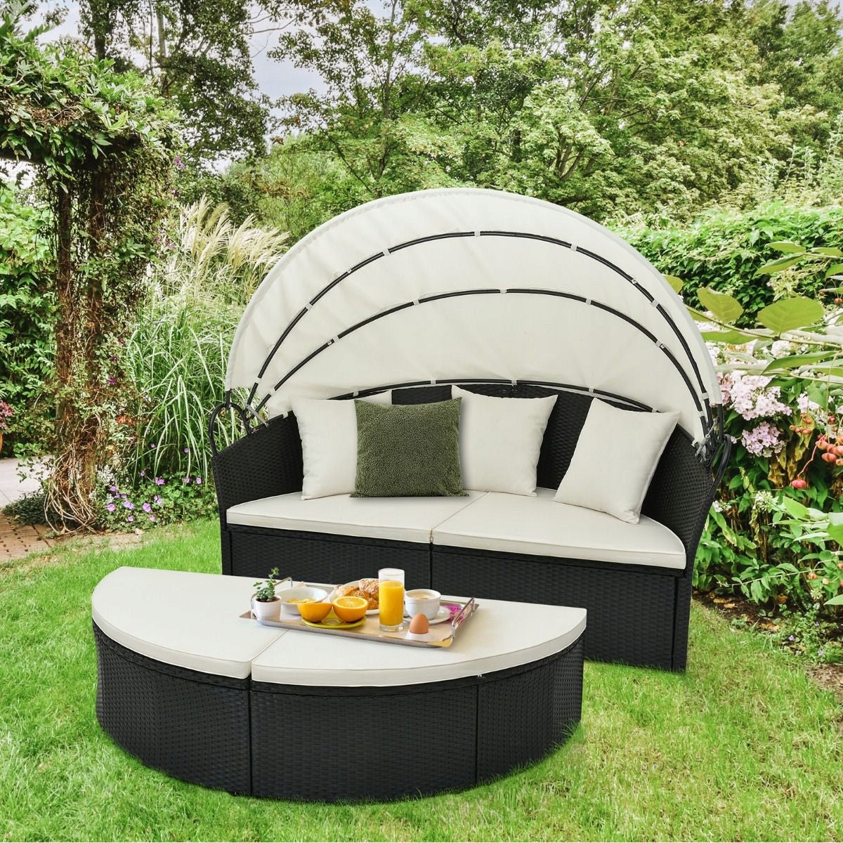 Modular Rattan Garden Lounger with Retractable Canopy Brand Costway