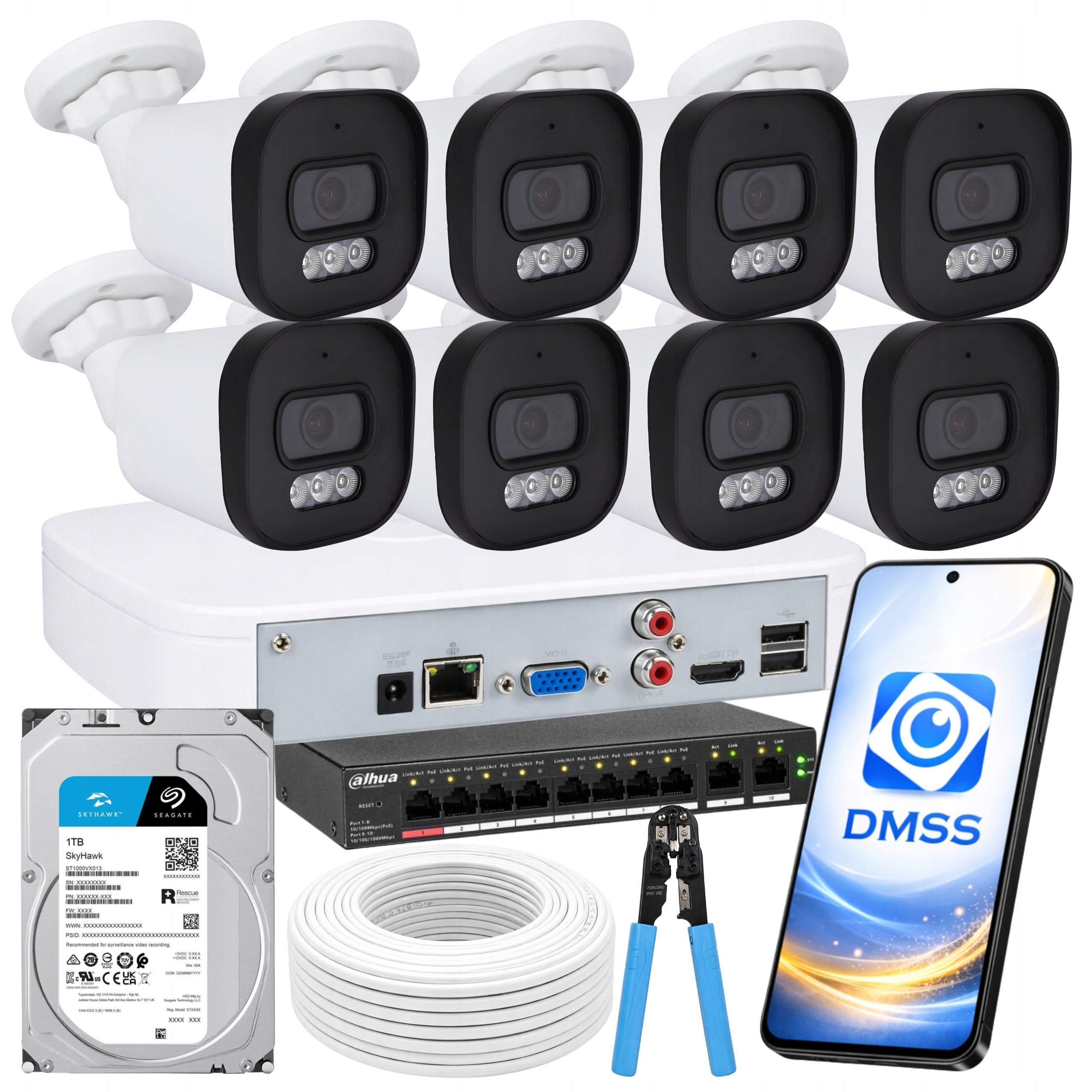 Monitoring IP Camera Kit 8x Outdoor PoE Camera 4Mpx Color At Night LED