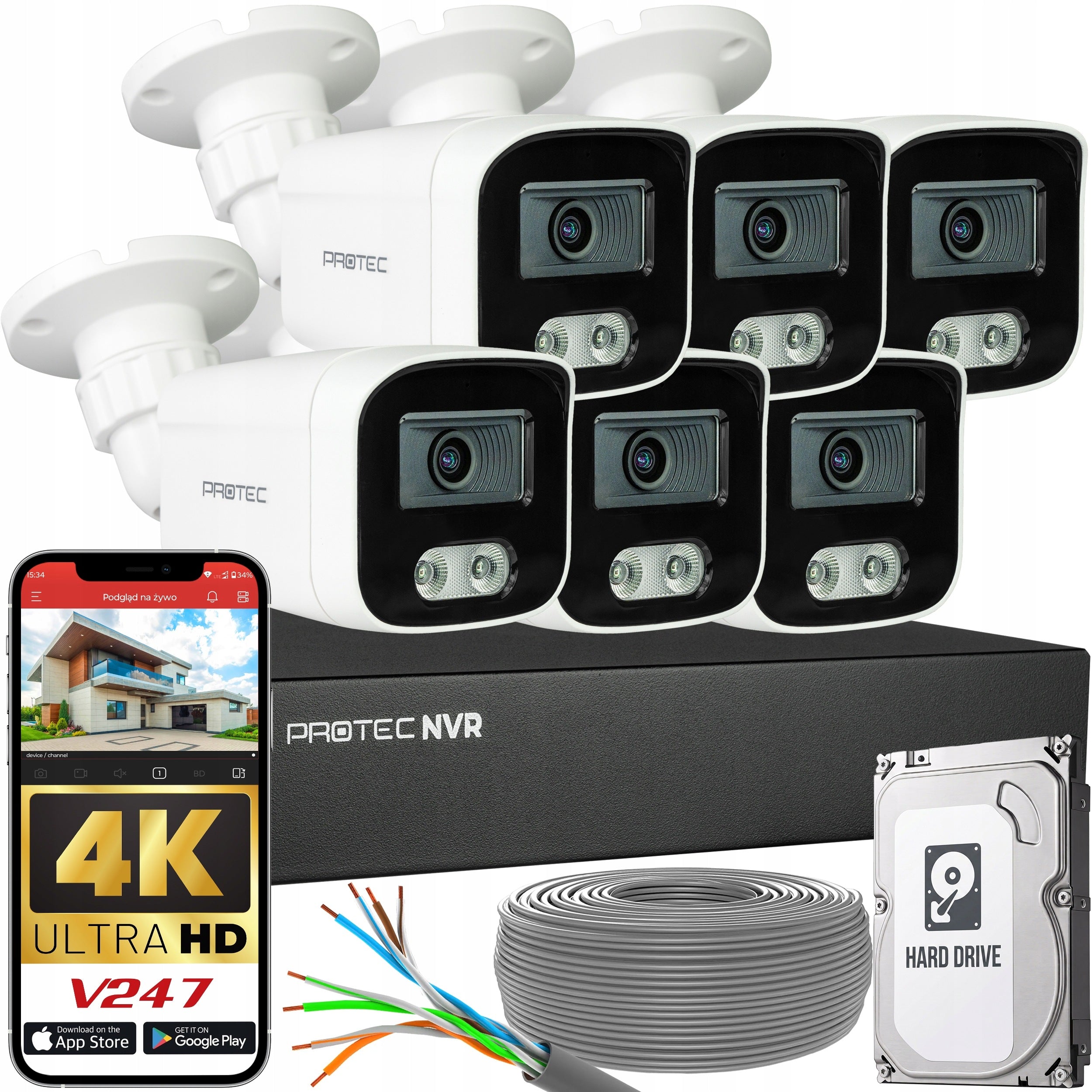 Monitoring Kit 6 IP Cameras 8MP PoE Microphone Human Detection HDD