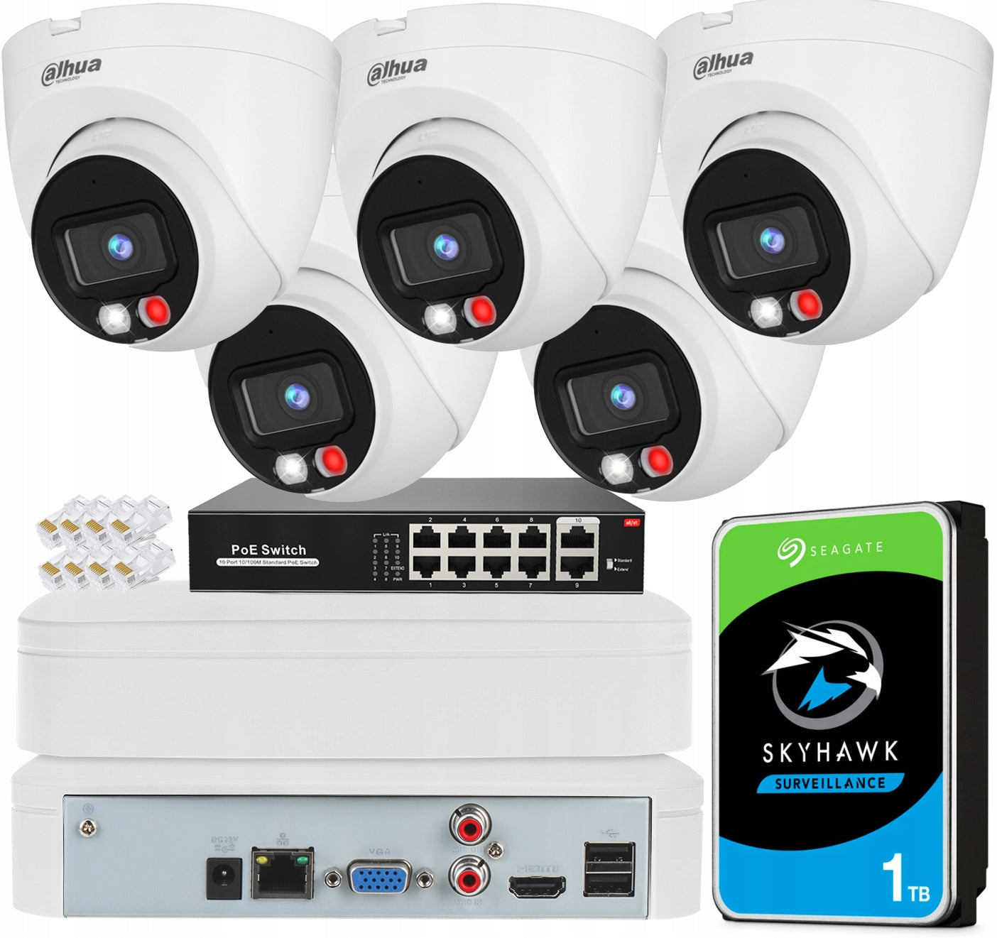 Monitoring Kit Dahua 5 Cameras 4Mpx Day/Night Color AI Detection NVR 8CH