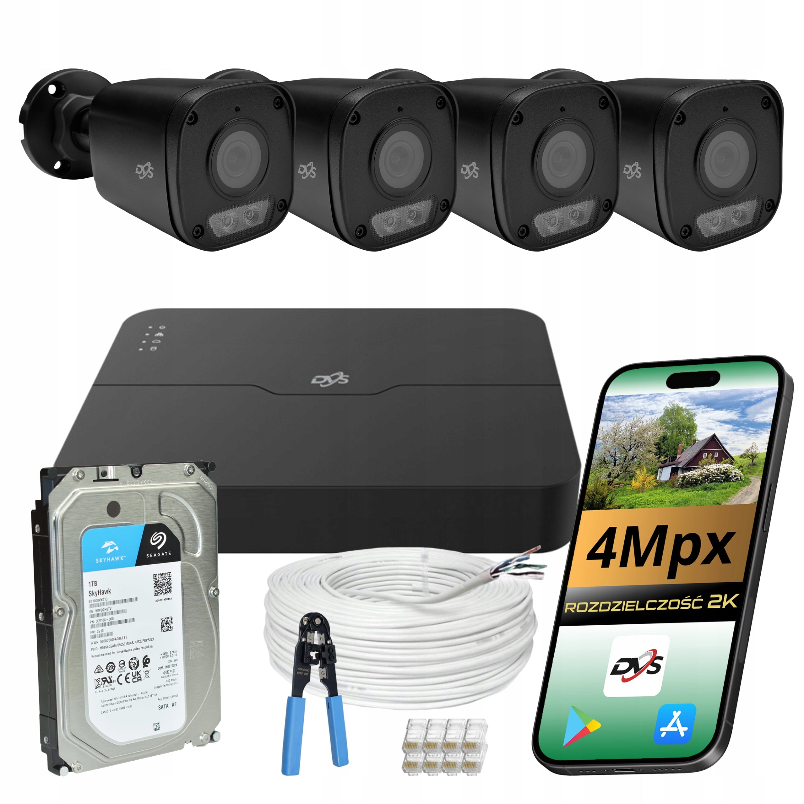 Monitoring kit 4 cameras IP PoE drive 1TB application phone microphone DVS