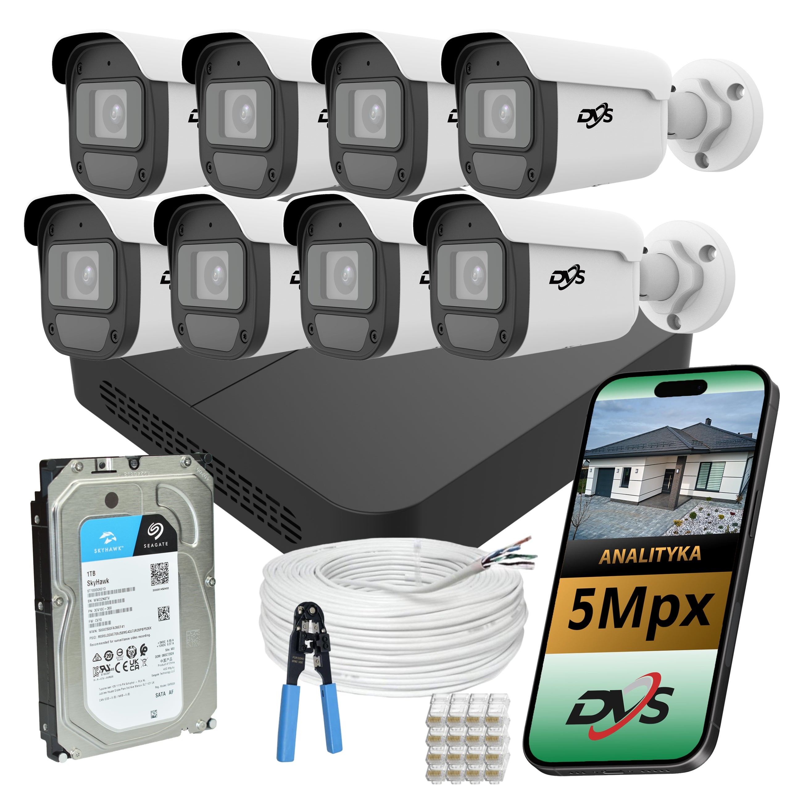 Monitoring kit 8 cameras IP PoE 5Mpx horn drive 1TB hall plant AI DVS
