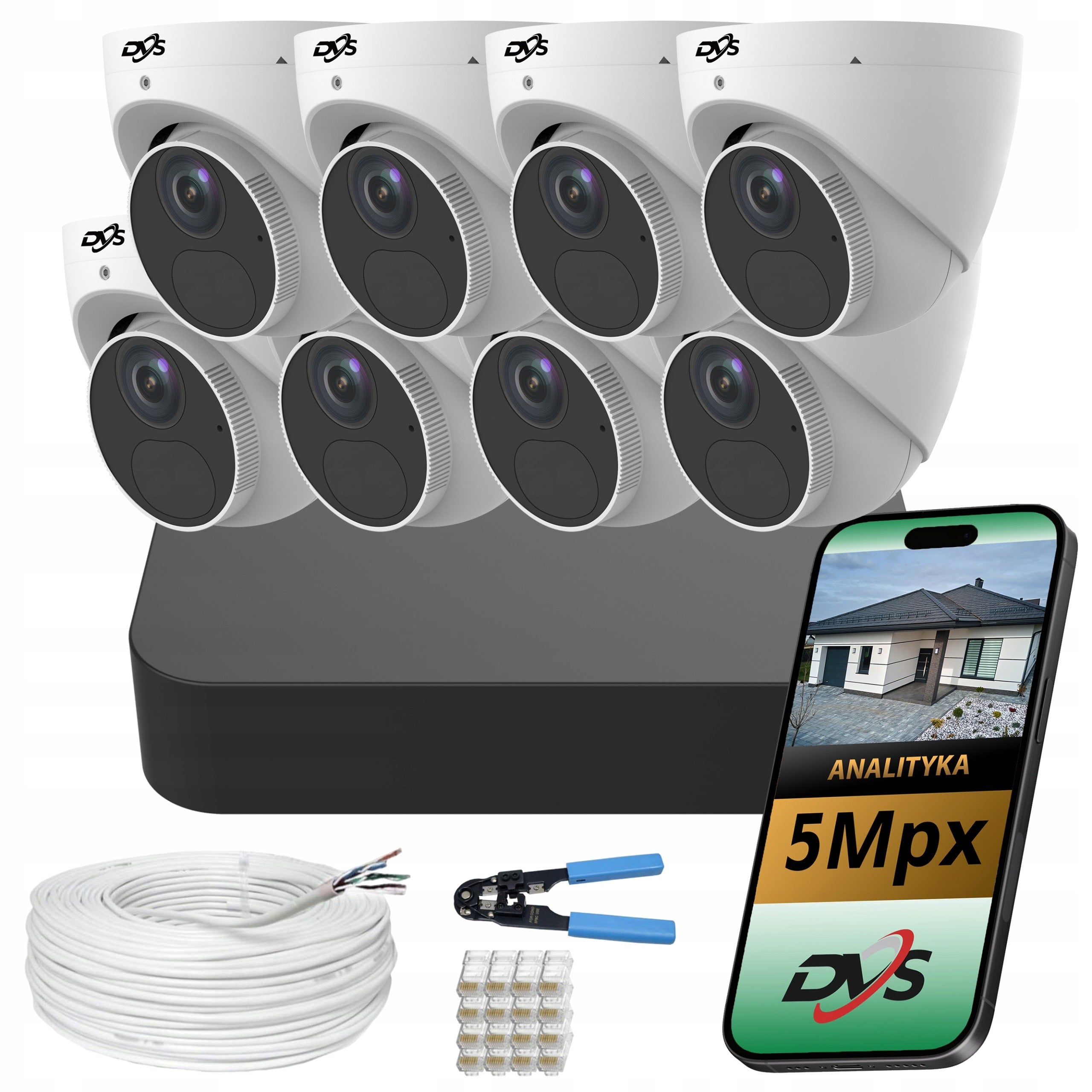 Monitoring kit 8 dome cameras IP PoE 5Mpx microphone storage house DVS