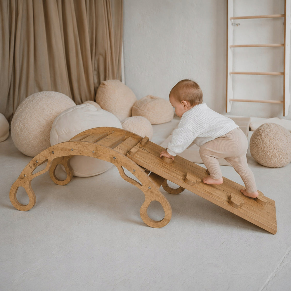 Montessori 3in1 Rocker with Cushion Slide Climbing Wall - Oak Brand Wood for kids