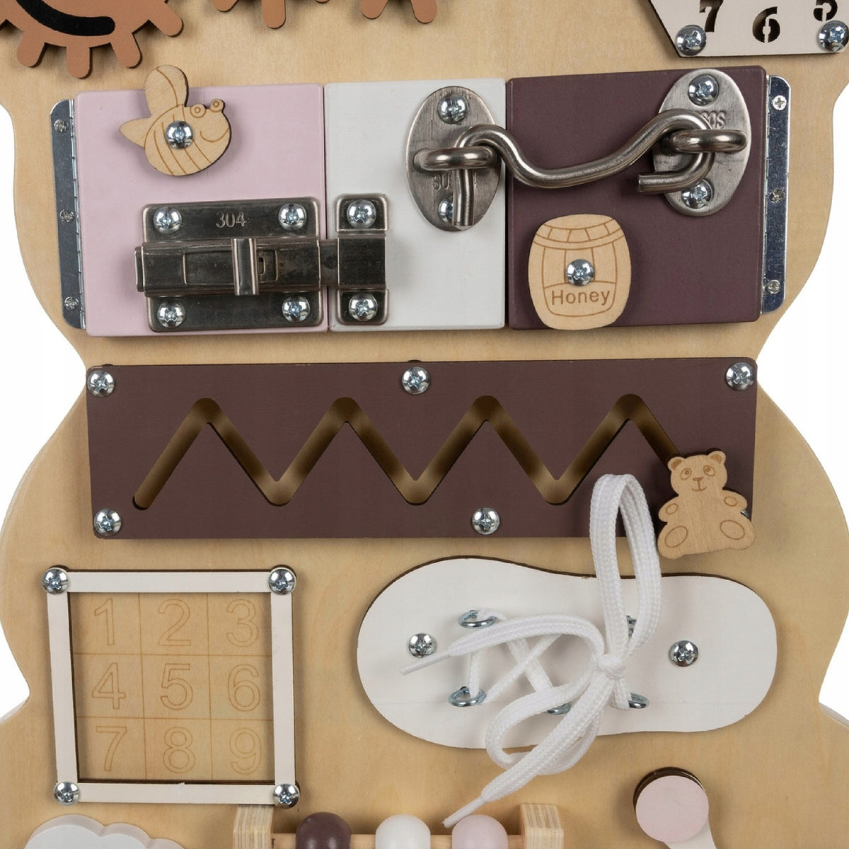 Montessori Manipulation Board Bear Wooden Educational Sensory 10in1 Manufacturer code Tablica manipulacyjna Miś