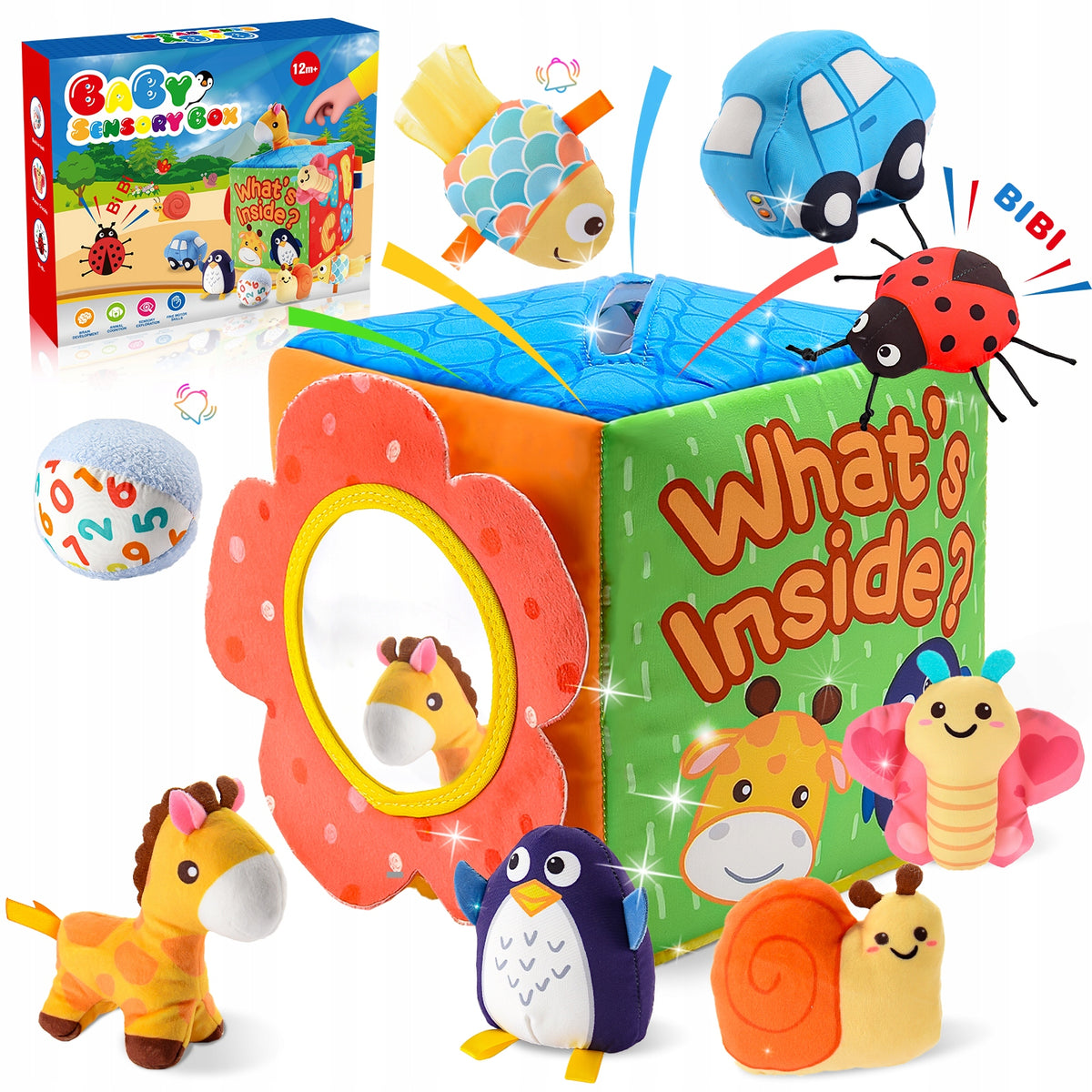Montessori Sensory Cube Set + 8 Plush Toys Baby Toys